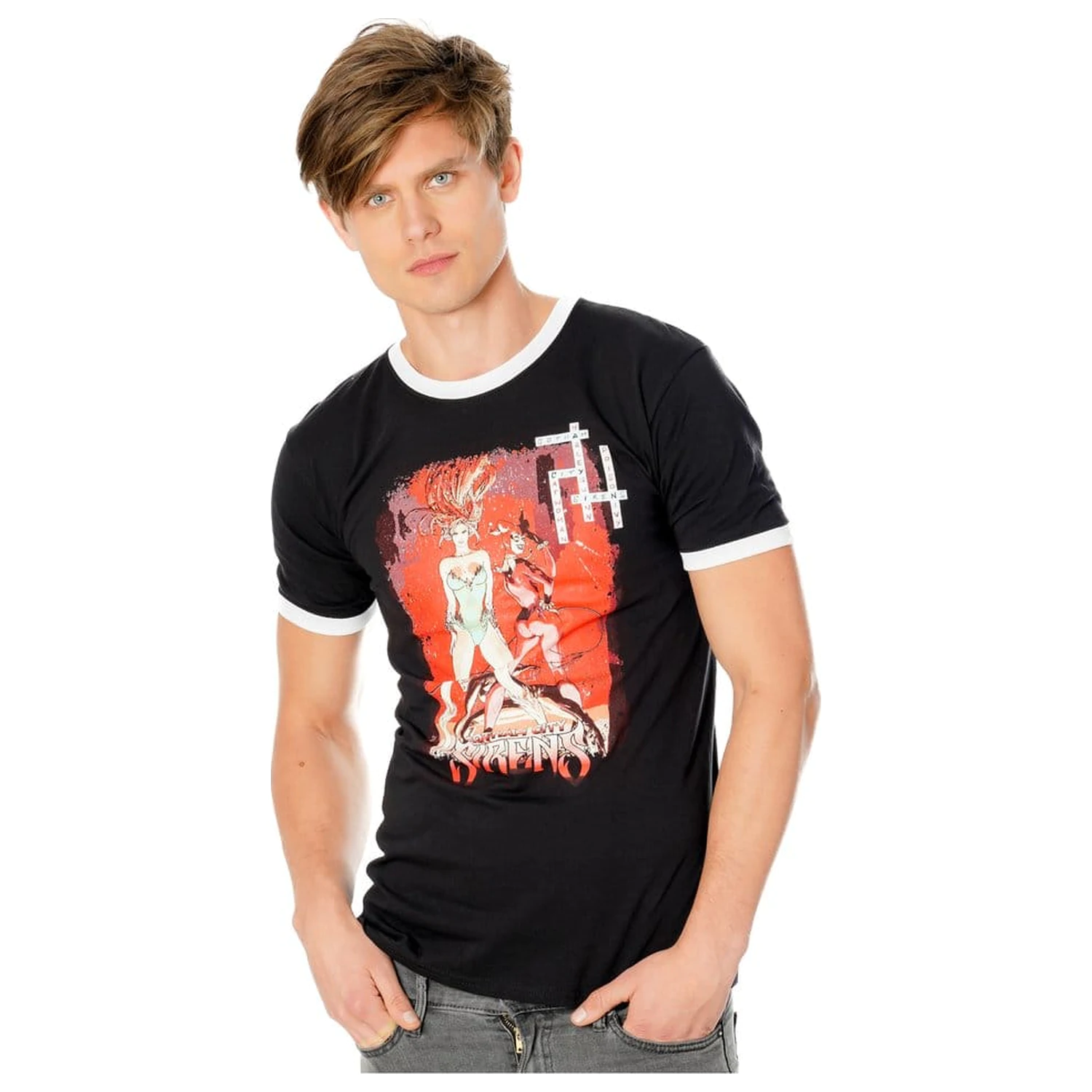 Gotham City Sirens T-Shirt Crossword Black Ringer  product photo