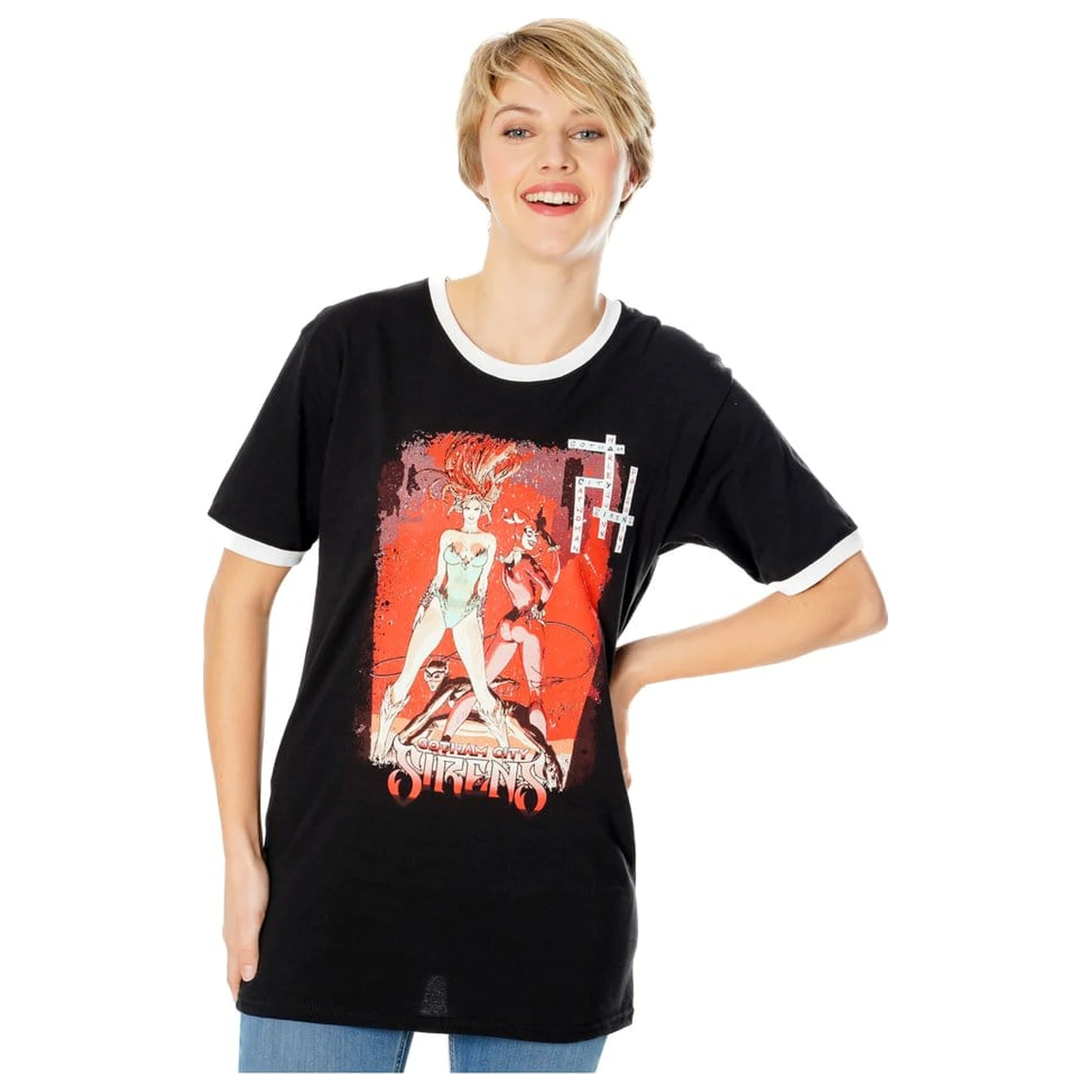 Gotham City Sirens T-Shirt Crossword Black Ringer  product photo