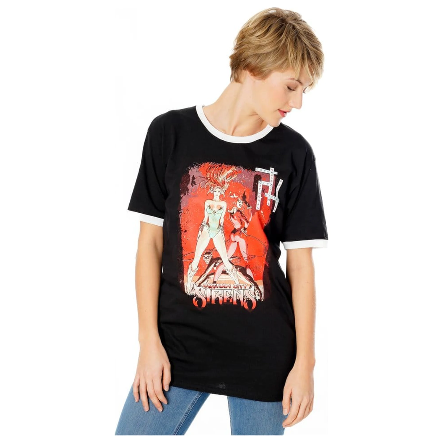 Gotham City Sirens T-Shirt Crossword Black Ringer  product photo