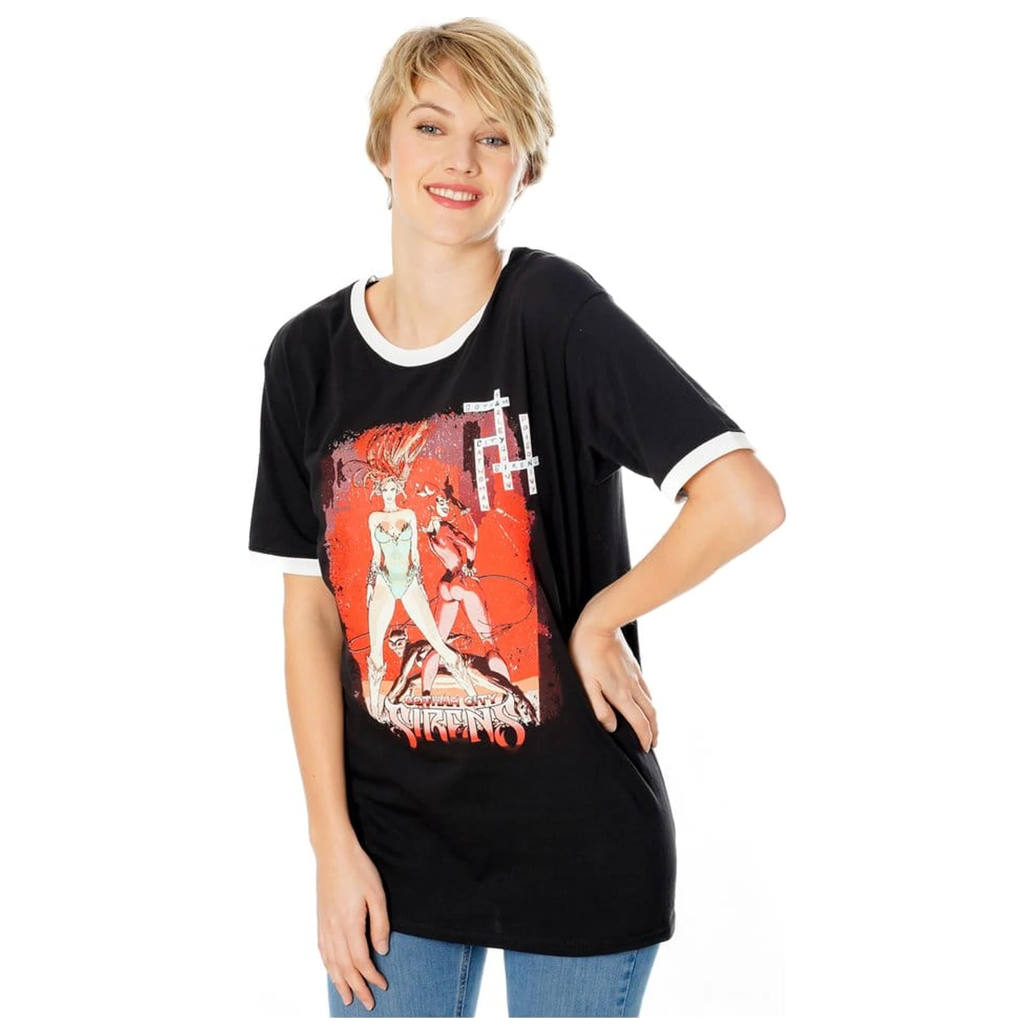 Gotham City Sirens T-Shirt Crossword Black Ringer  product photo