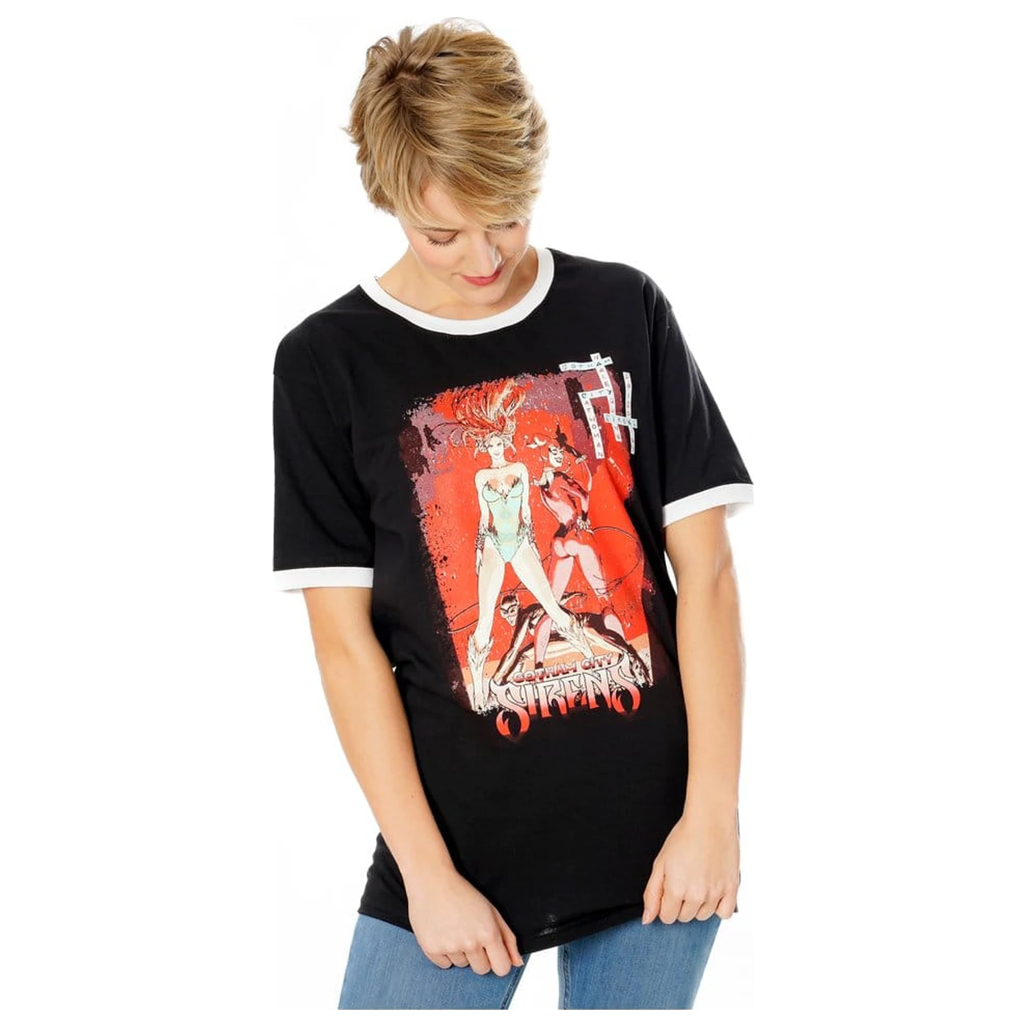 Gotham City Sirens T-Shirt Crossword Black Ringer  product photo