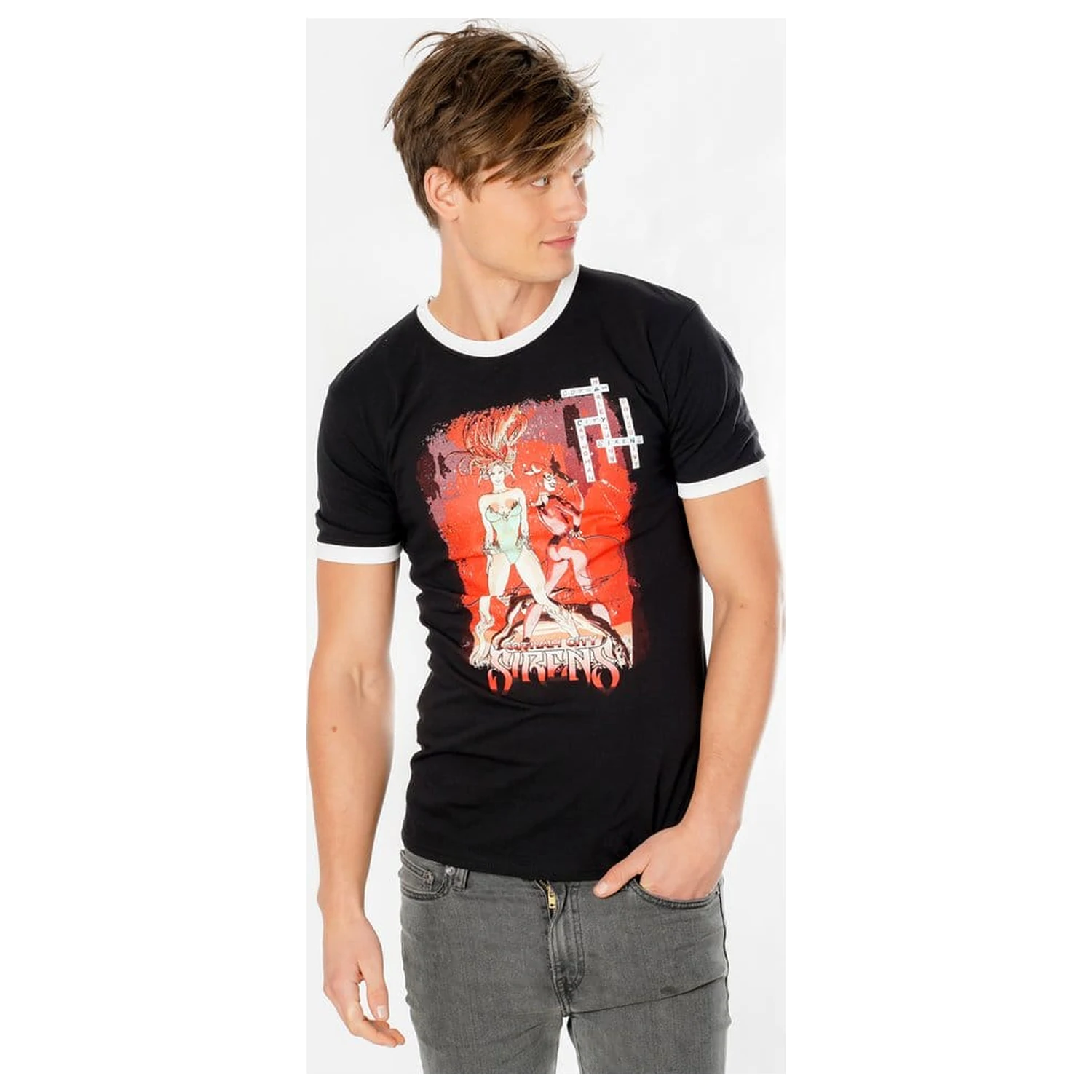 Gotham City Sirens T-Shirt Crossword Black Ringer  product photo
