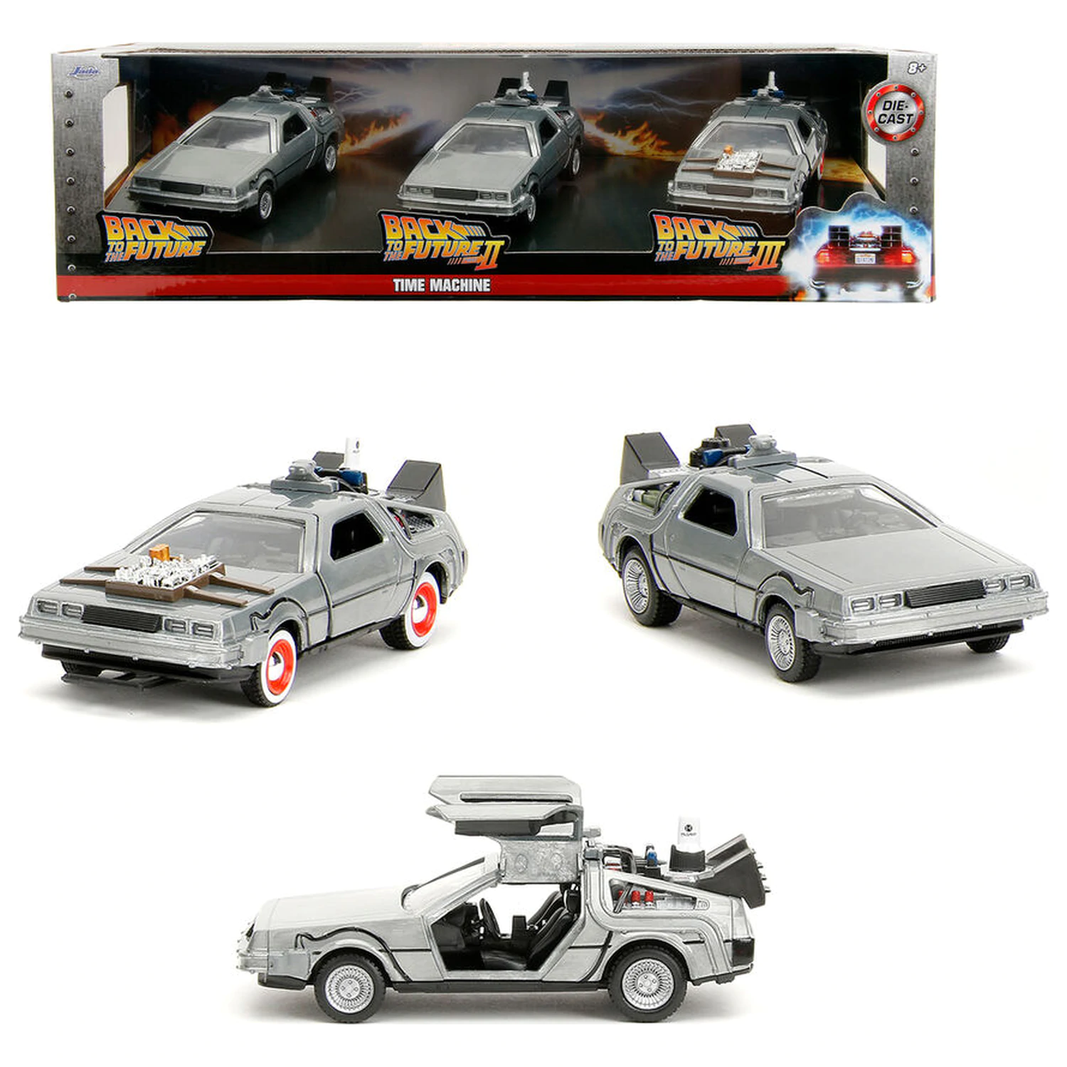 Back to the Future 40th Anniversary Time Machine pack 3 Delorean set product photo