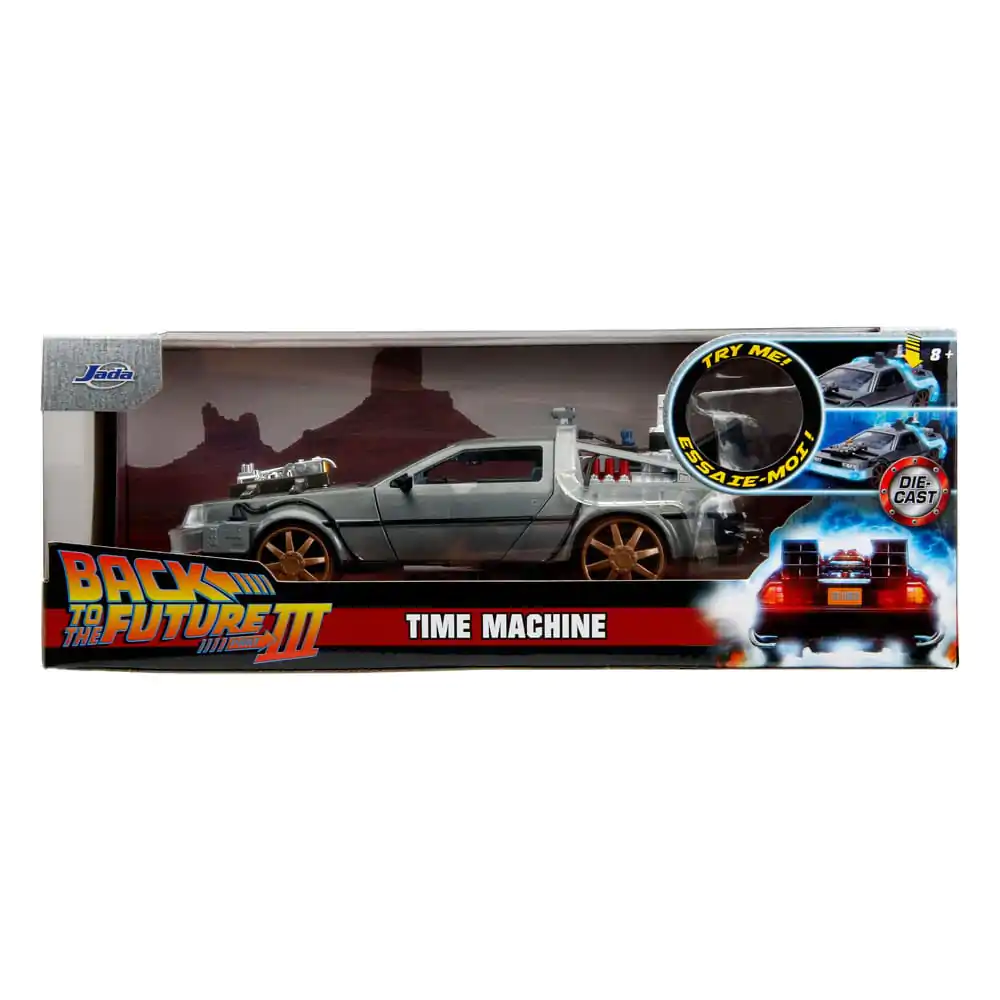 Back to the Future III Hollywood Rides Diecast Model 1/24 DeLorean Time Machine Railroad Wheels termékfotó