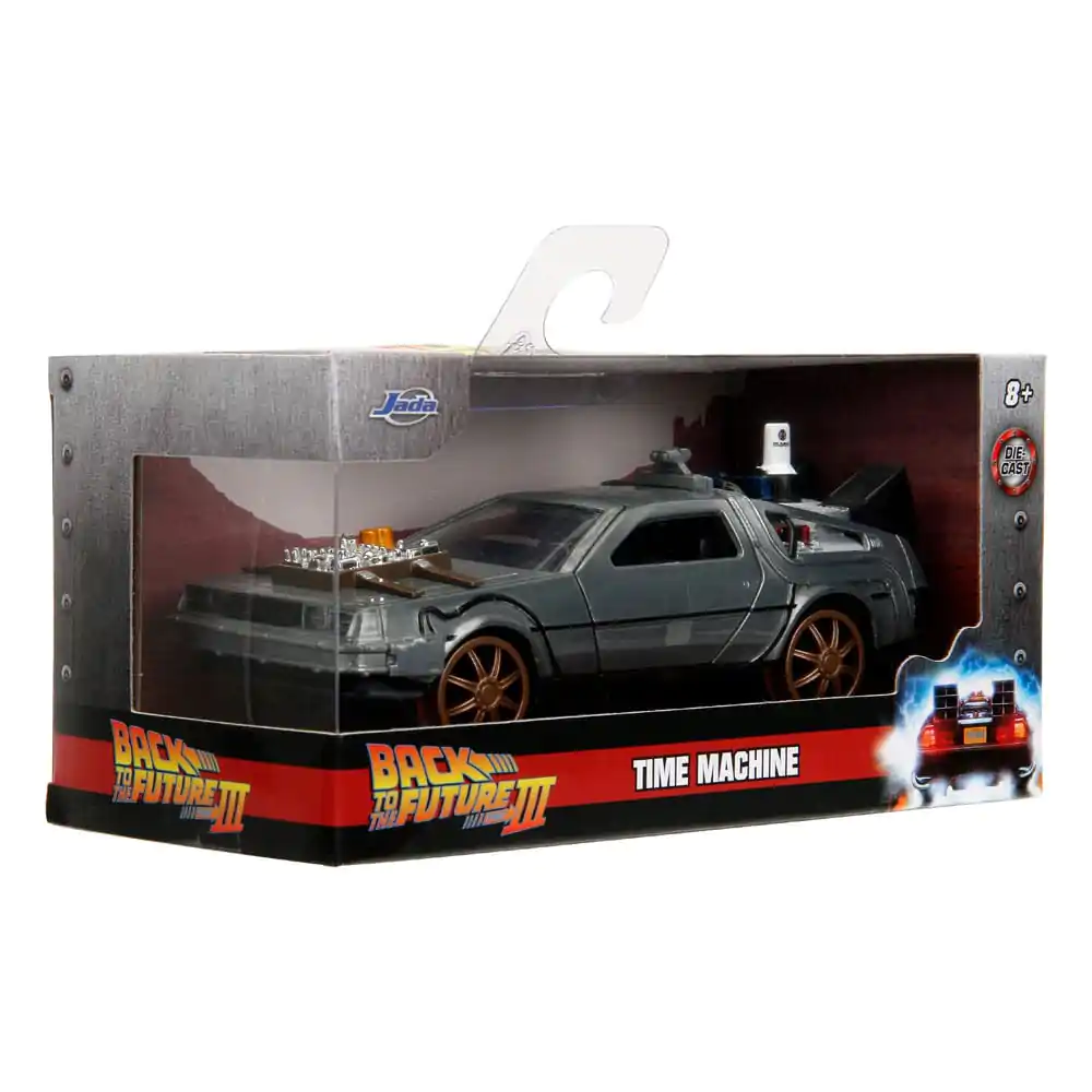 Back to the Future III Hollywood Rides Diecast Model 1/32 DeLorean Time Machine Railroad Wheels product photo