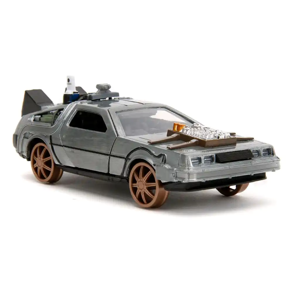 Back to the Future III Hollywood Rides Diecast Model 1/32 DeLorean Time Machine Railroad Wheels product photo