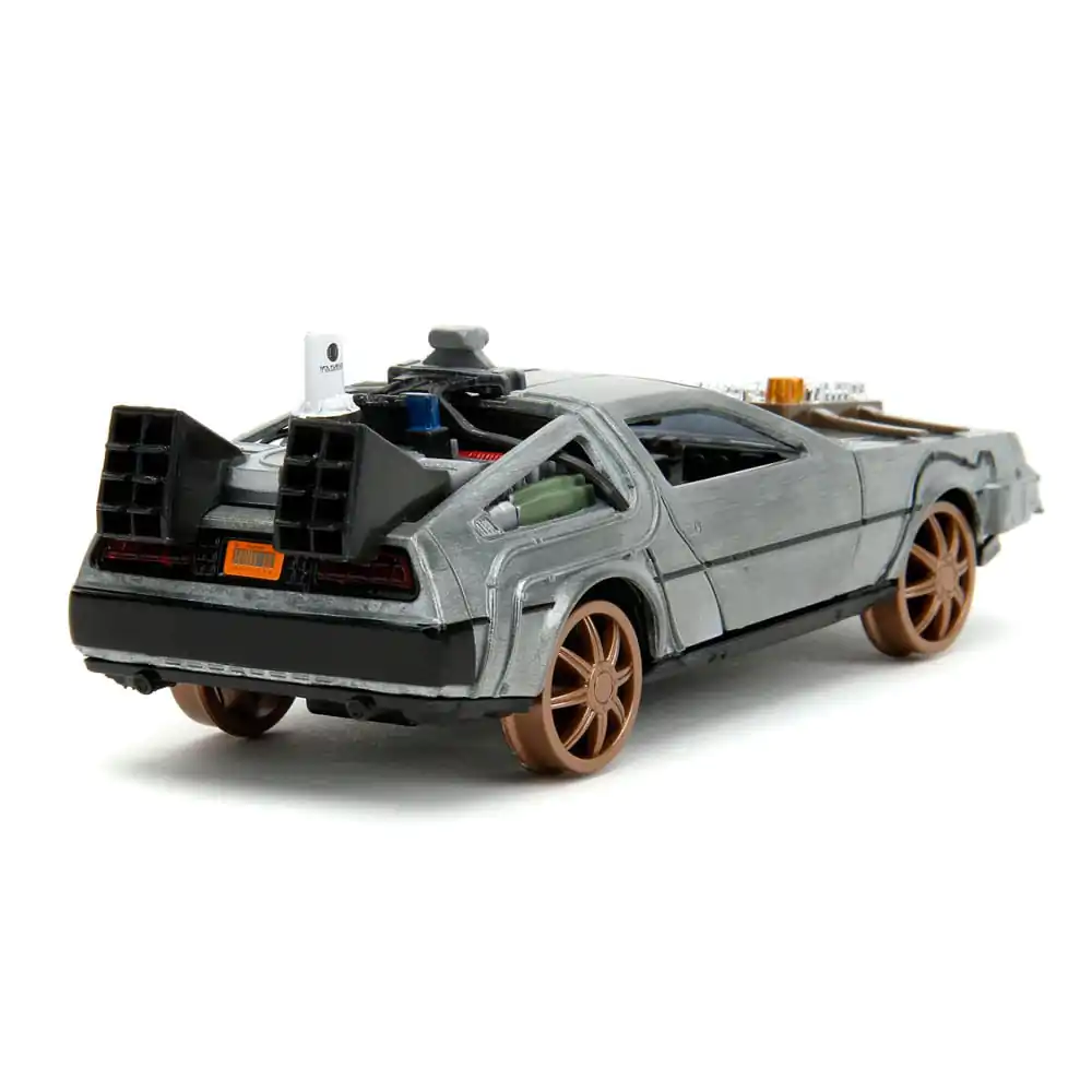 Back to the Future III Hollywood Rides Diecast Model 1/32 DeLorean Time Machine Railroad Wheels product photo