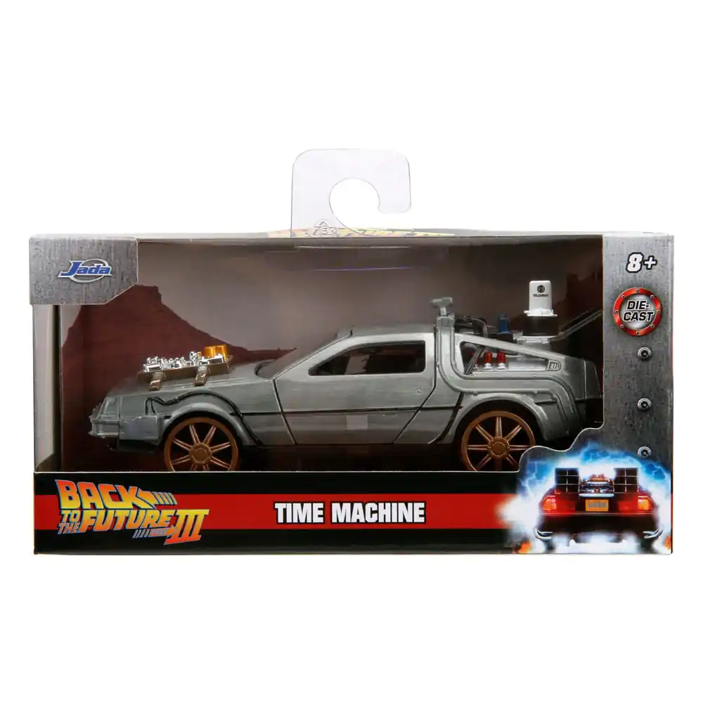 Back to the Future III Hollywood Rides Diecast Model 1/32 DeLorean Time Machine Railroad Wheels product photo