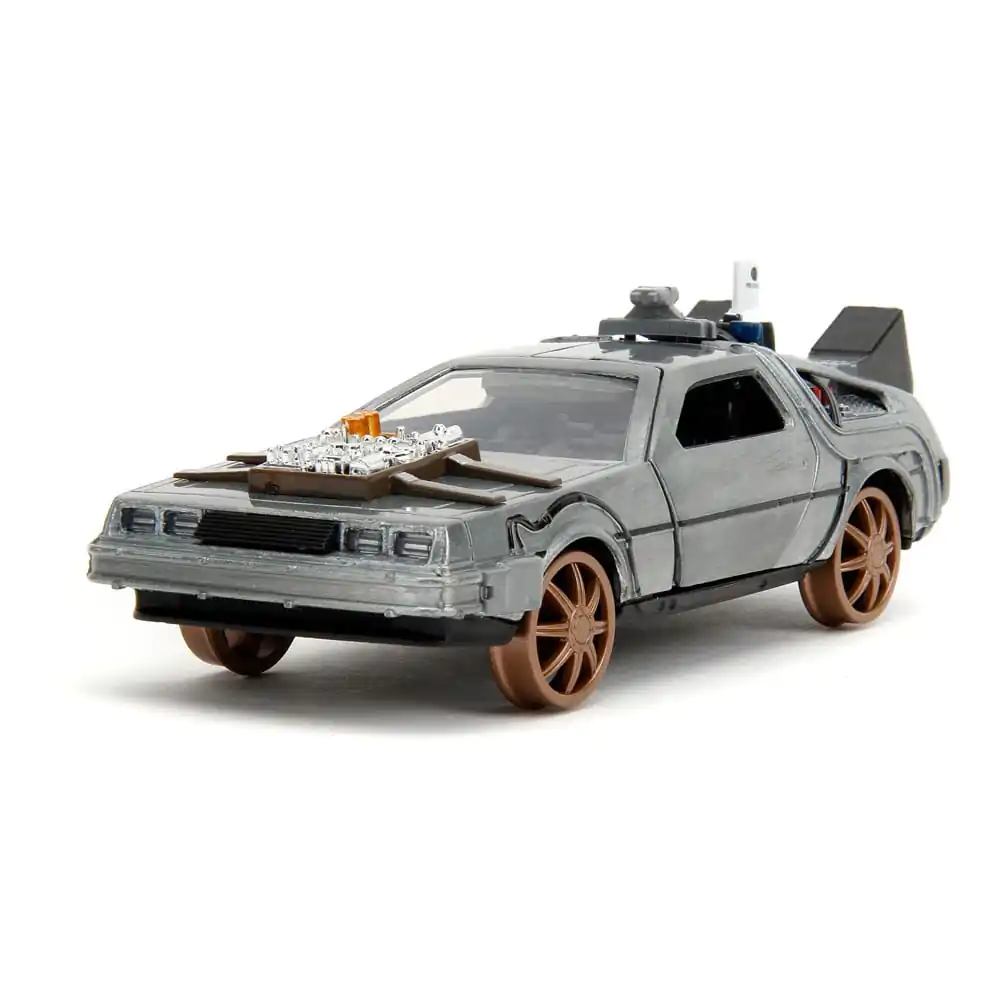 Back to the Future III Hollywood Rides Diecast Model 1/32 DeLorean Time Machine Railroad Wheels product photo