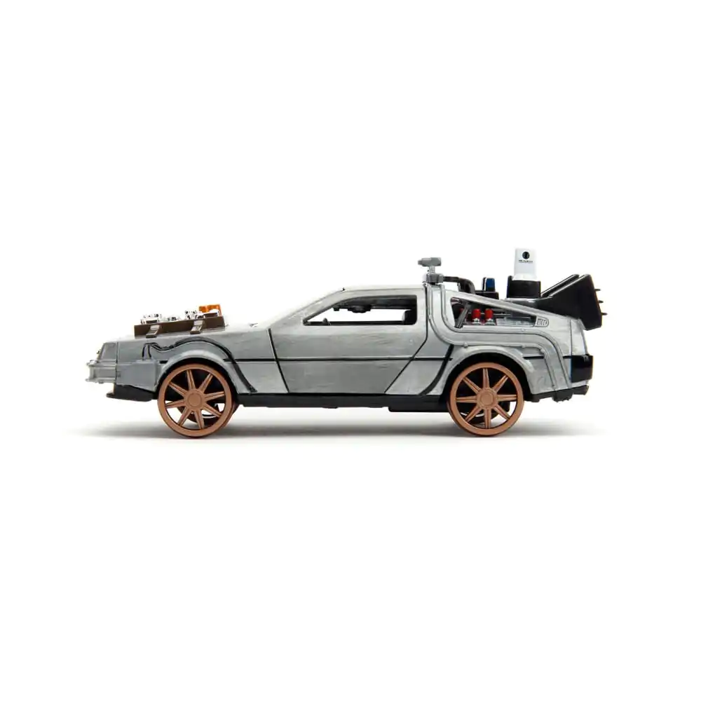 Back to the Future III Hollywood Rides Diecast Model 1/32 DeLorean Time Machine Railroad Wheels product photo