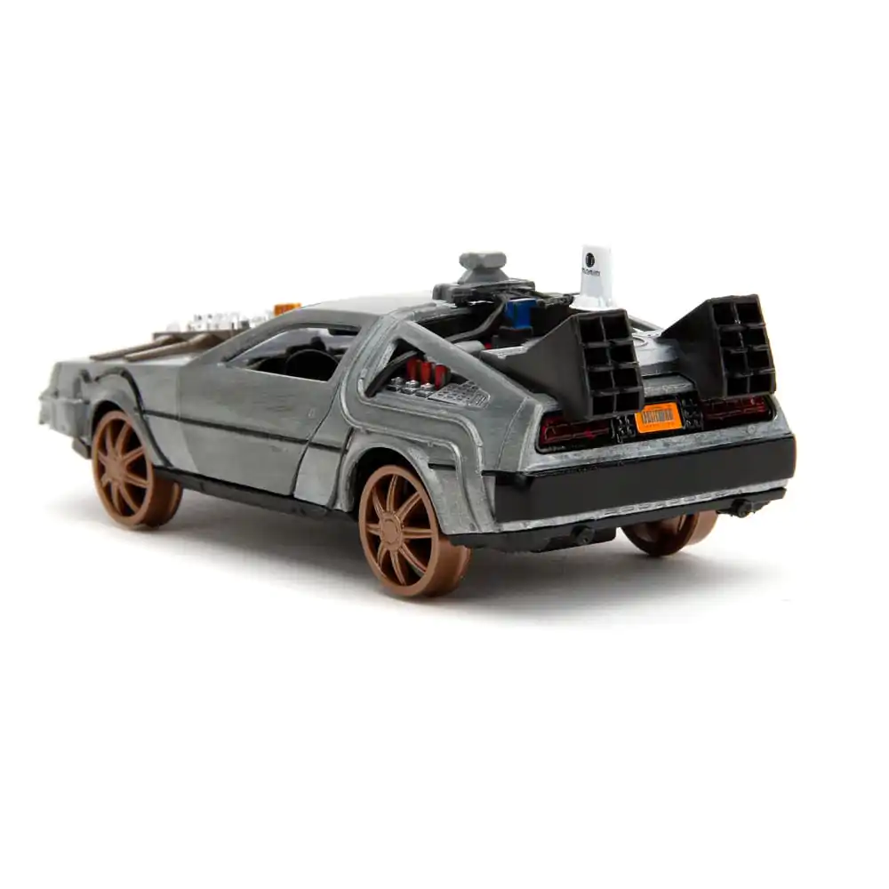 Back to the Future III Hollywood Rides Diecast Model 1/32 DeLorean Time Machine Railroad Wheels product photo