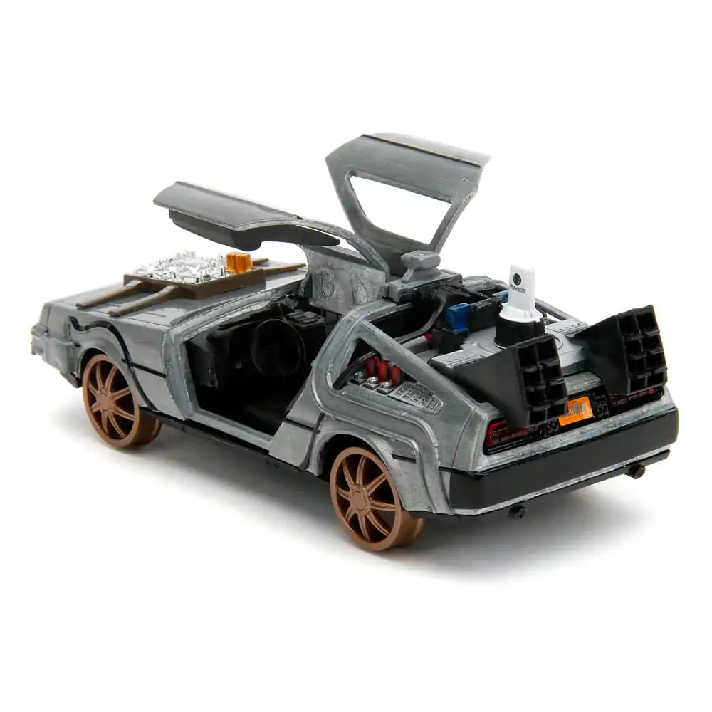 Back to the Future III Hollywood Rides Diecast Model 1/32 DeLorean Time Machine Railroad Wheels product photo