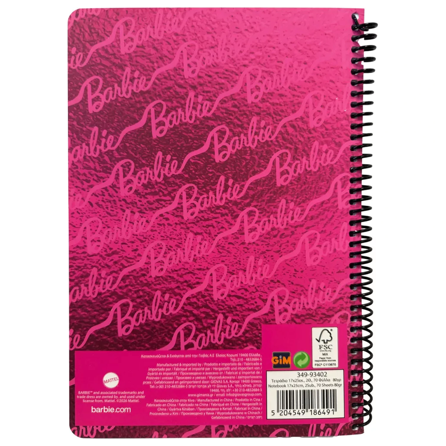 Barbie Pink B/5 Lined Spiral Notebook, 70 Sheets product photo