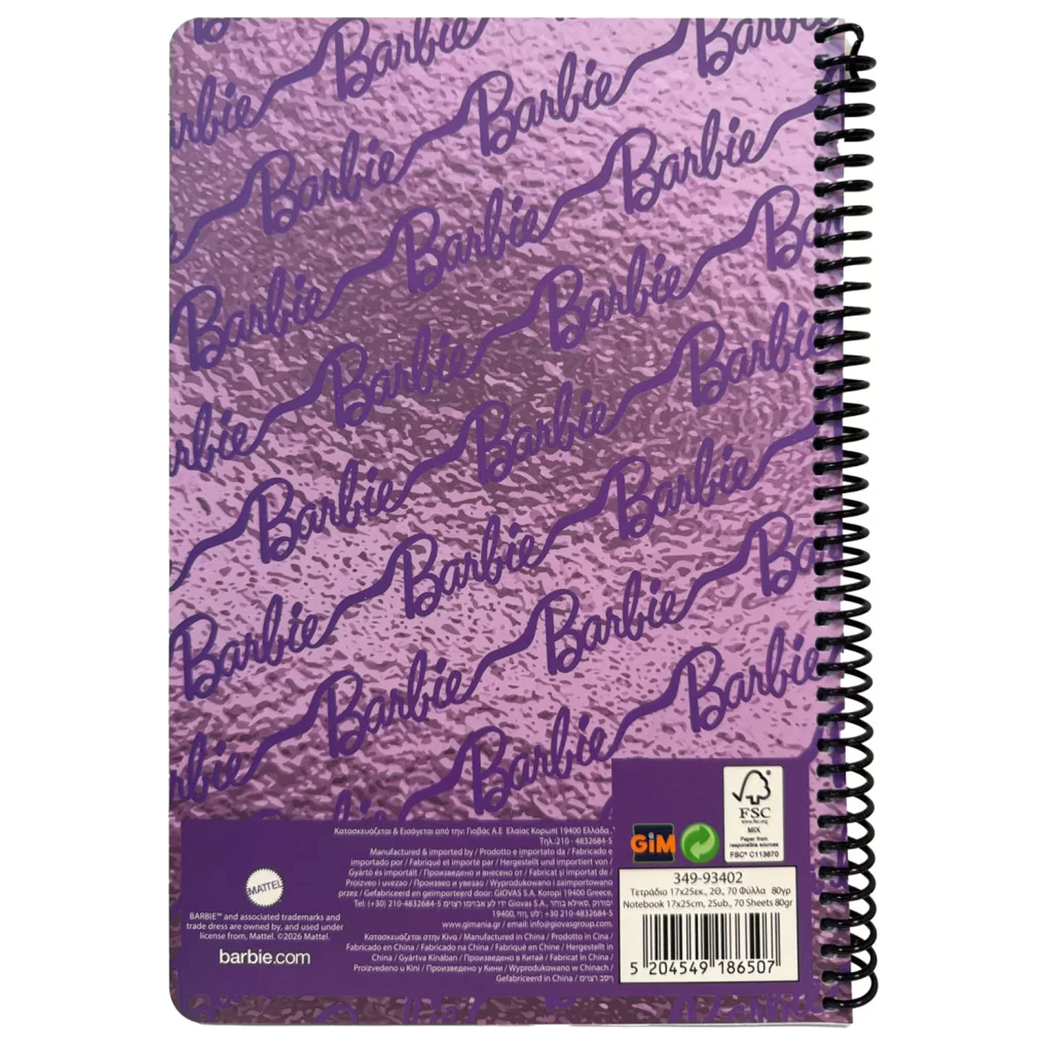 Barbie Purple B/5 Ruled Spiral Notebook 70 Sheets product photo