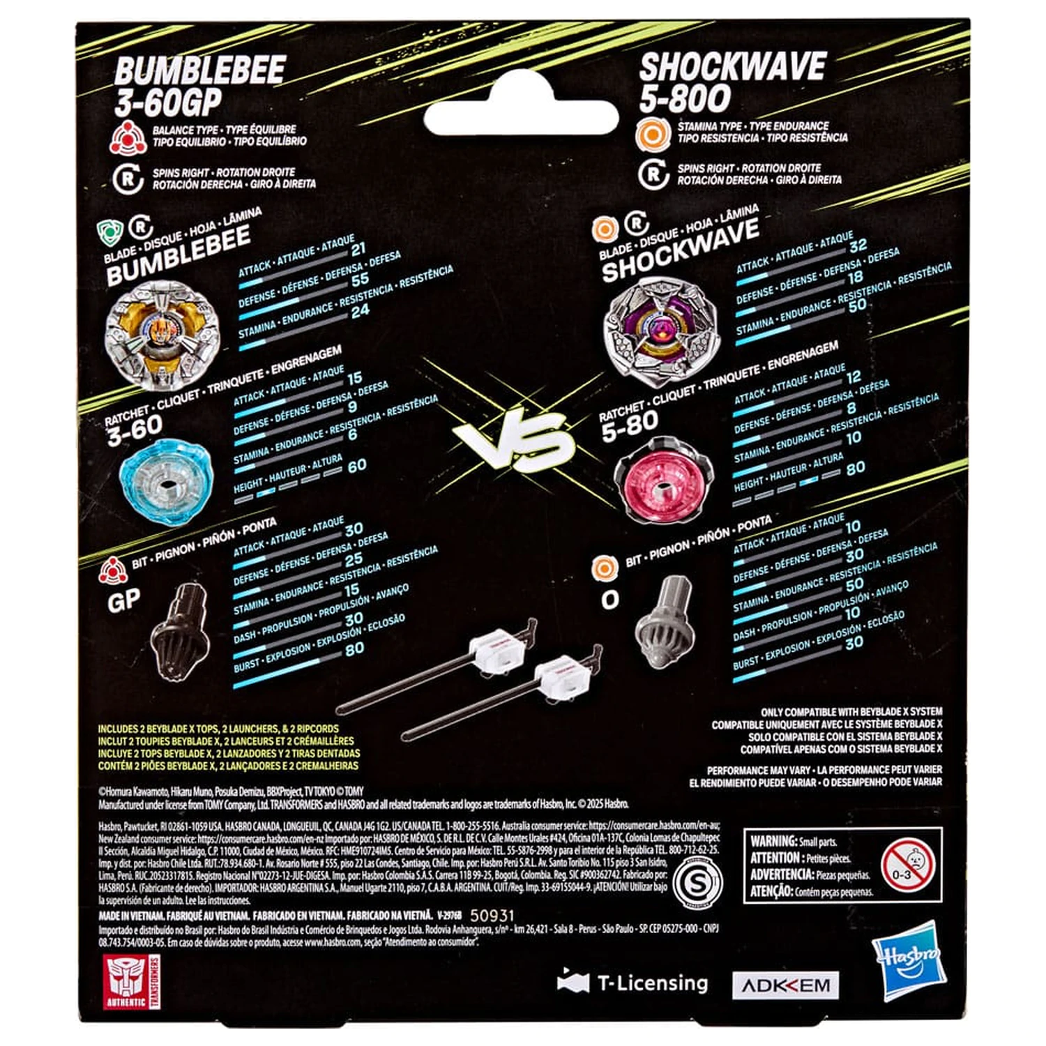 Beyblade X and Transformers Collab Bumblebee 3-60GP vs. Shockwave 5-80O product photo