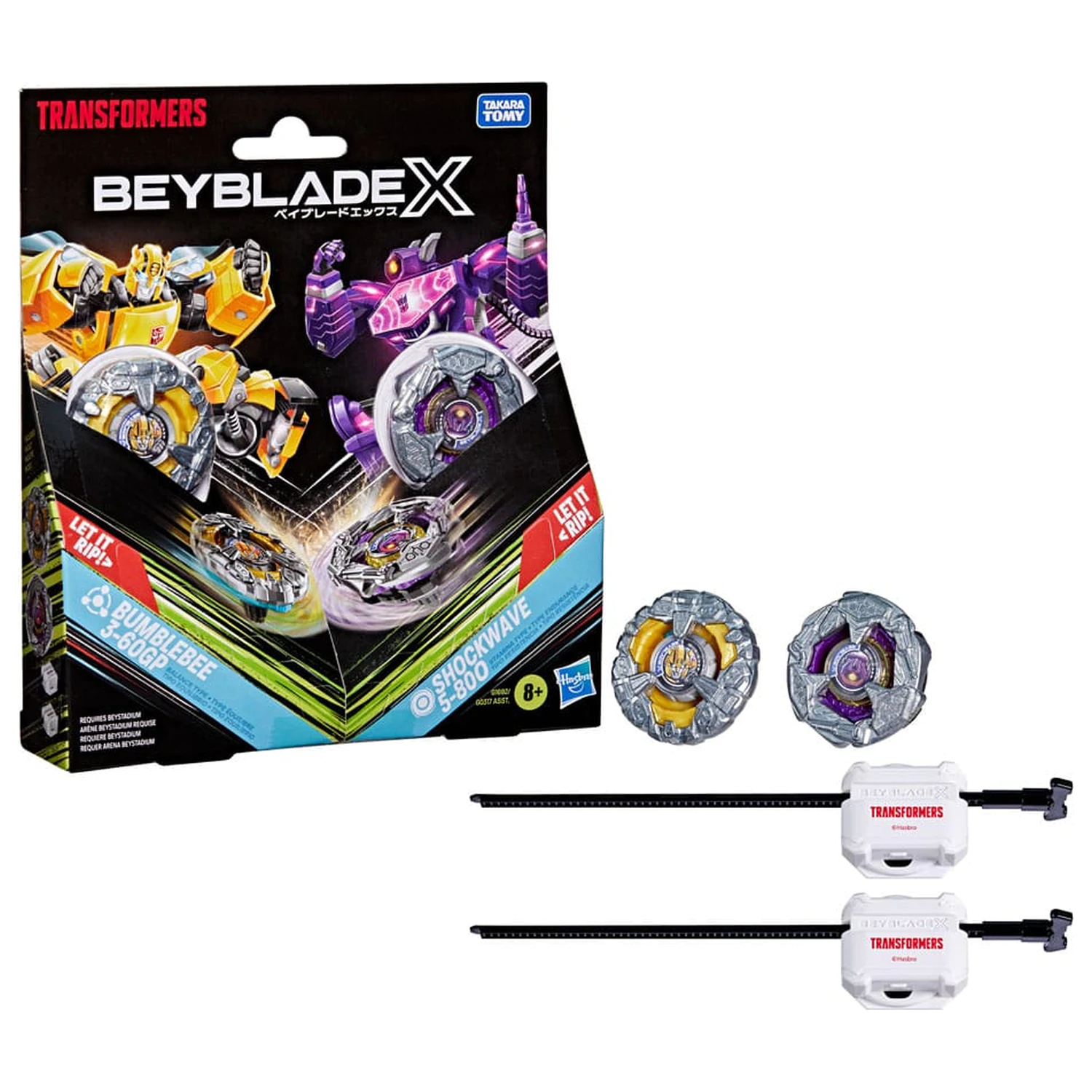 Beyblade X and Transformers Collab Bumblebee 3-60GP vs. Shockwave 5-80O product photo