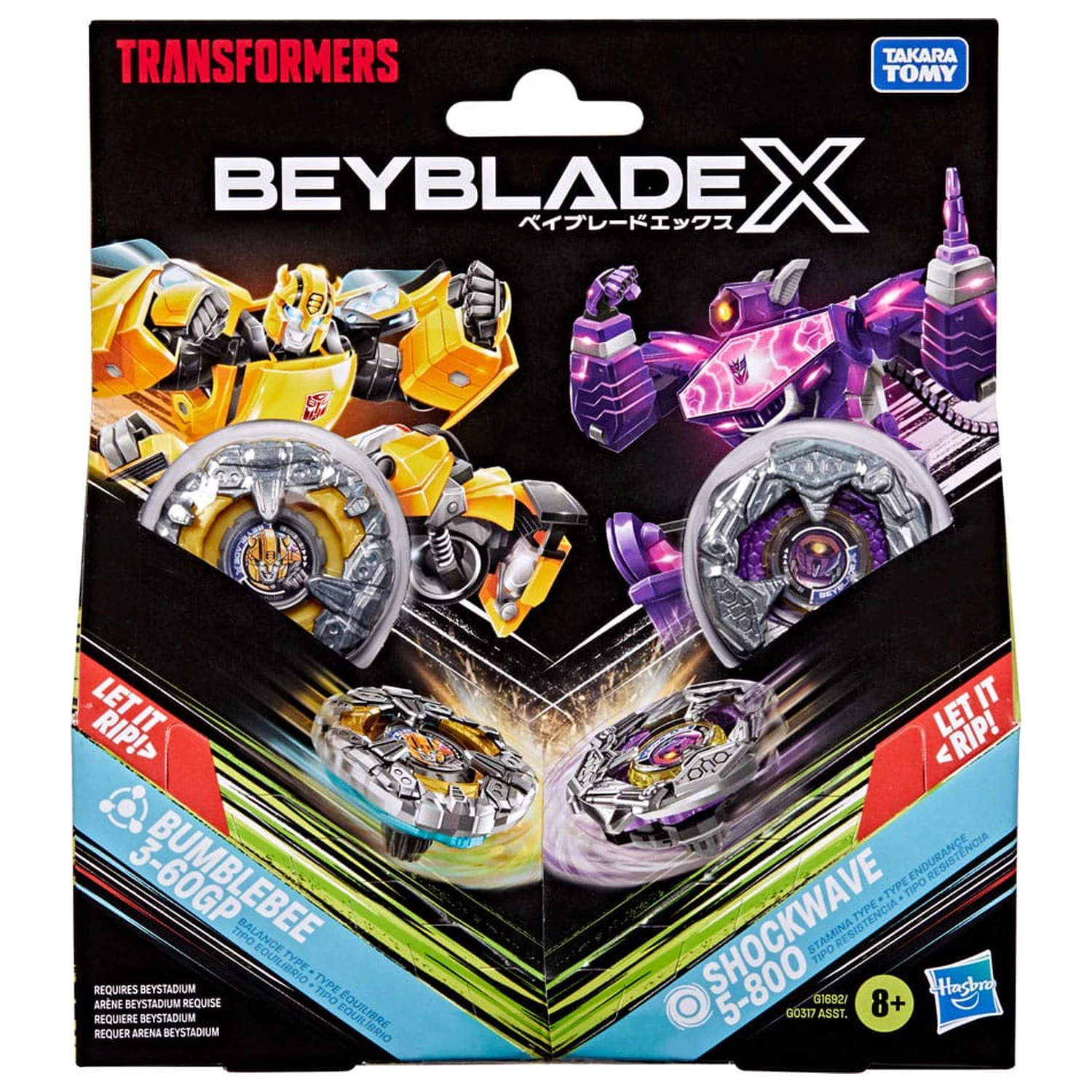 Beyblade X and Transformers Collab Bumblebee 3-60GP vs. Shockwave 5-80O product photo