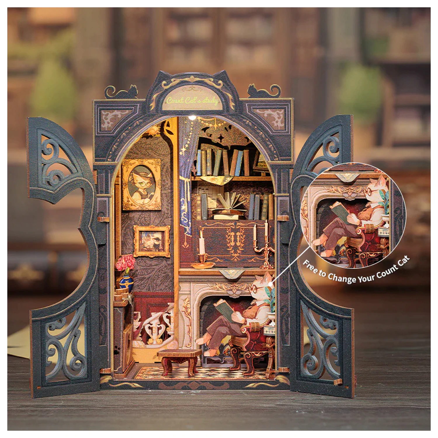 BOOK NOOK KIT DIY Count Cat's Study 108pc + LED Light product photo