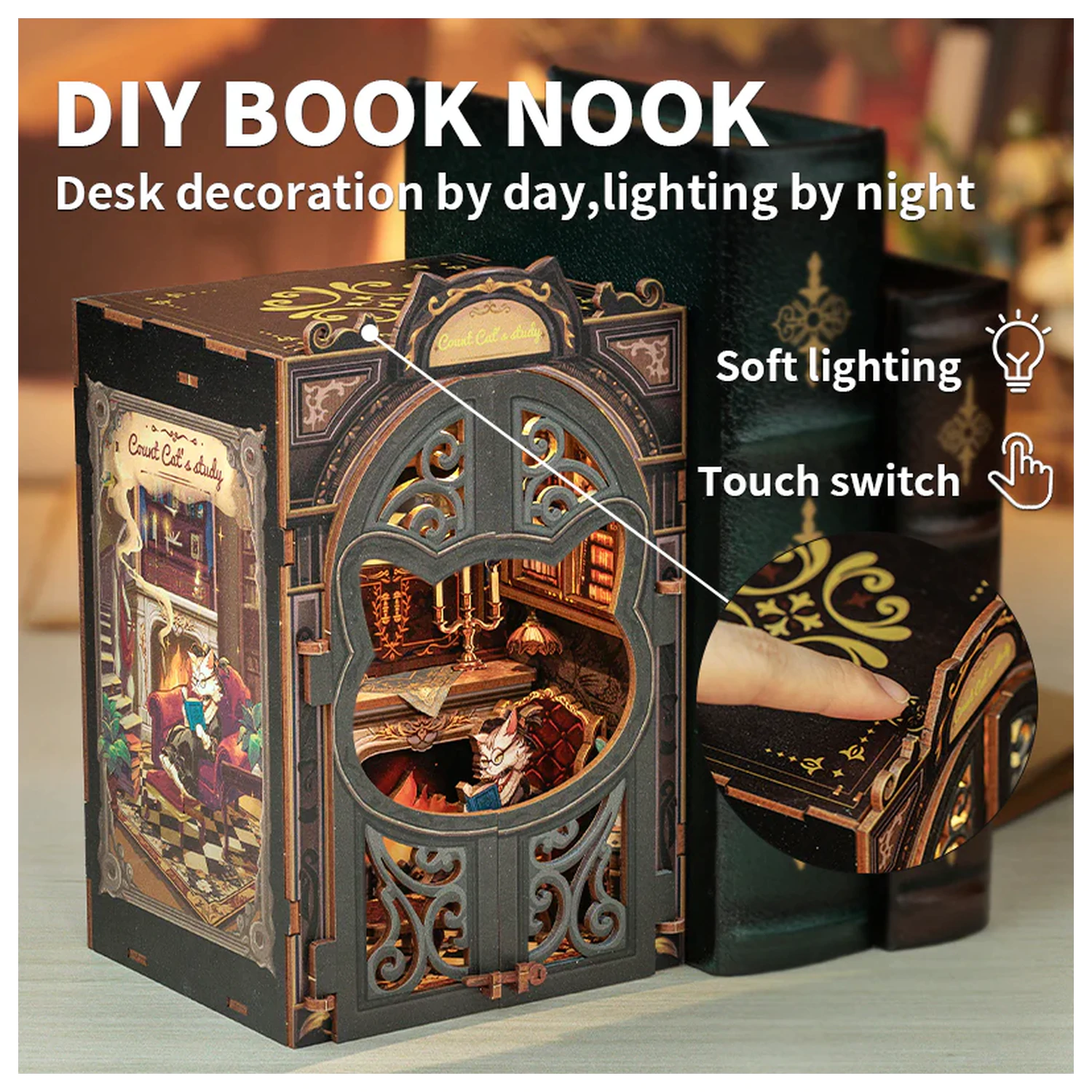 BOOK NOOK KIT DIY Count Cat's Study 108pc + LED Light product photo