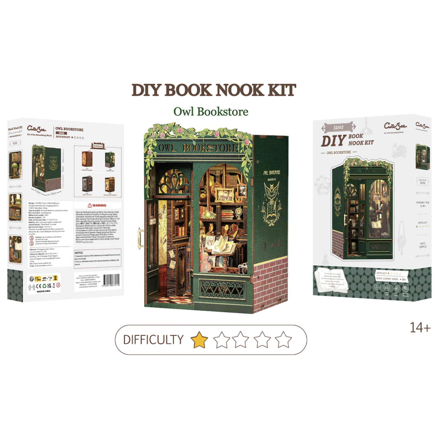 BOOK NOOK KIT DIY Owl Bookstore 139pc + LED Light construction set product photo
