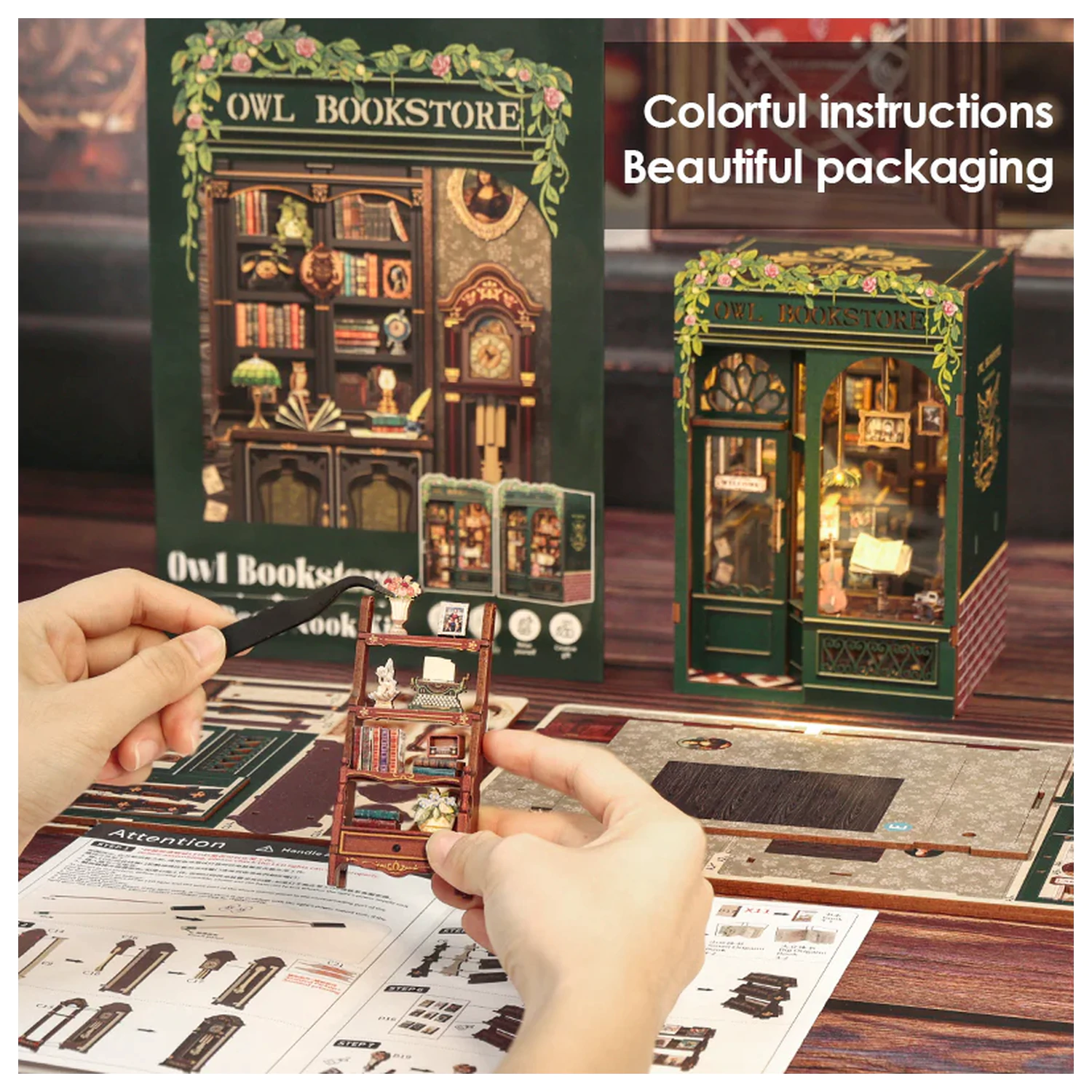 BOOK NOOK KIT DIY Owl Bookstore 139pc + LED Light construction set product photo