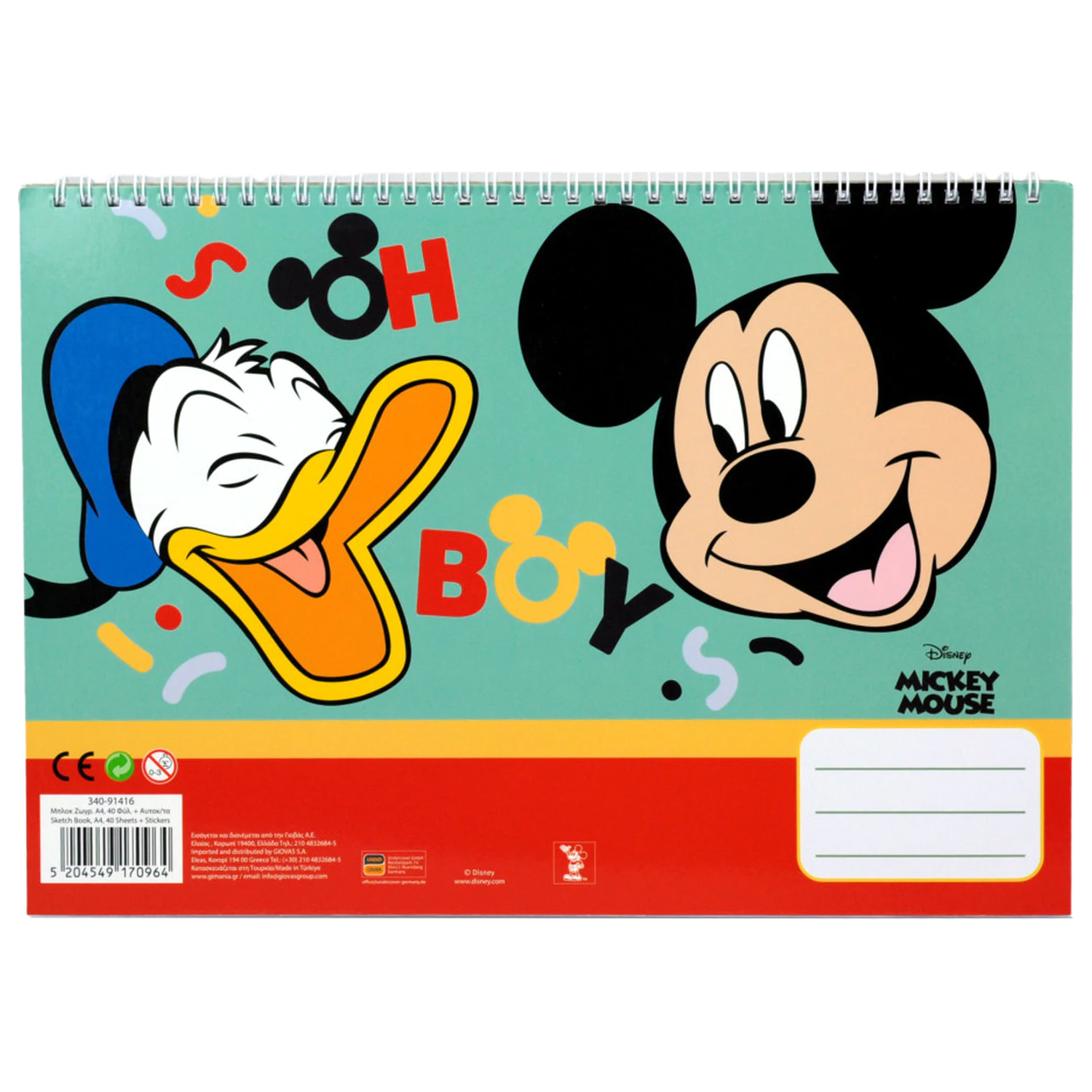 Disney Mickey Oh Boy A/4 Spiral Sketchbook 40 Sheets with Stickers product photo