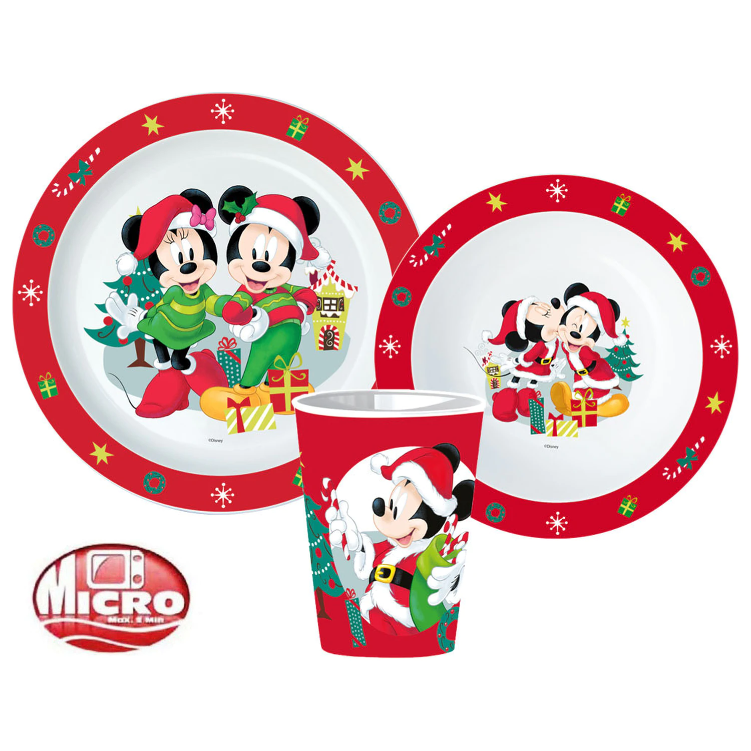 Disney Minnie and Mickey Christmas Dinnerware Set, Micro Plastic Set, with 260 ml Glass product photo
