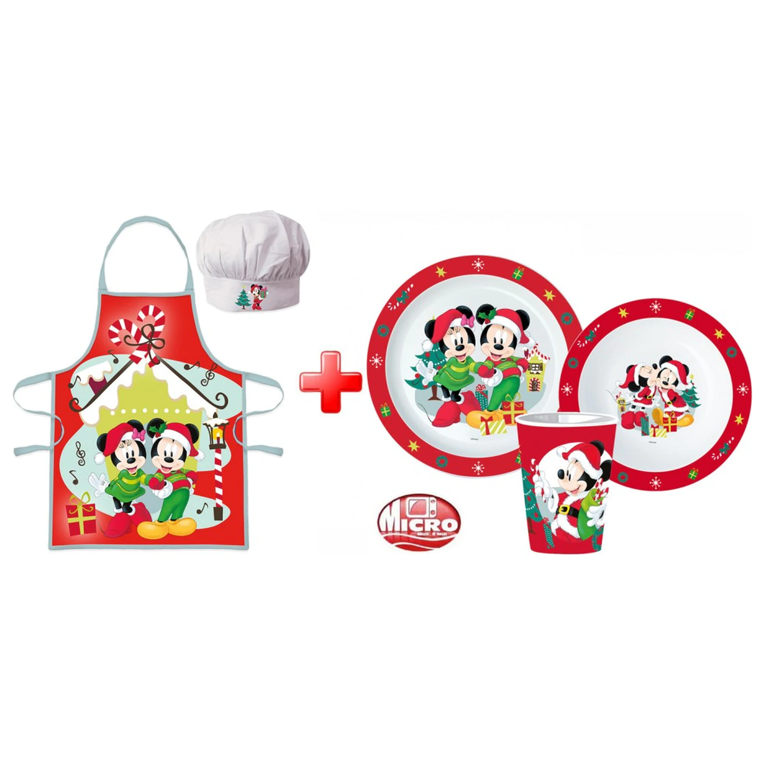 Disney Minnie and Mickey Christmas Apron and Plastic Dinnerware Set product photo