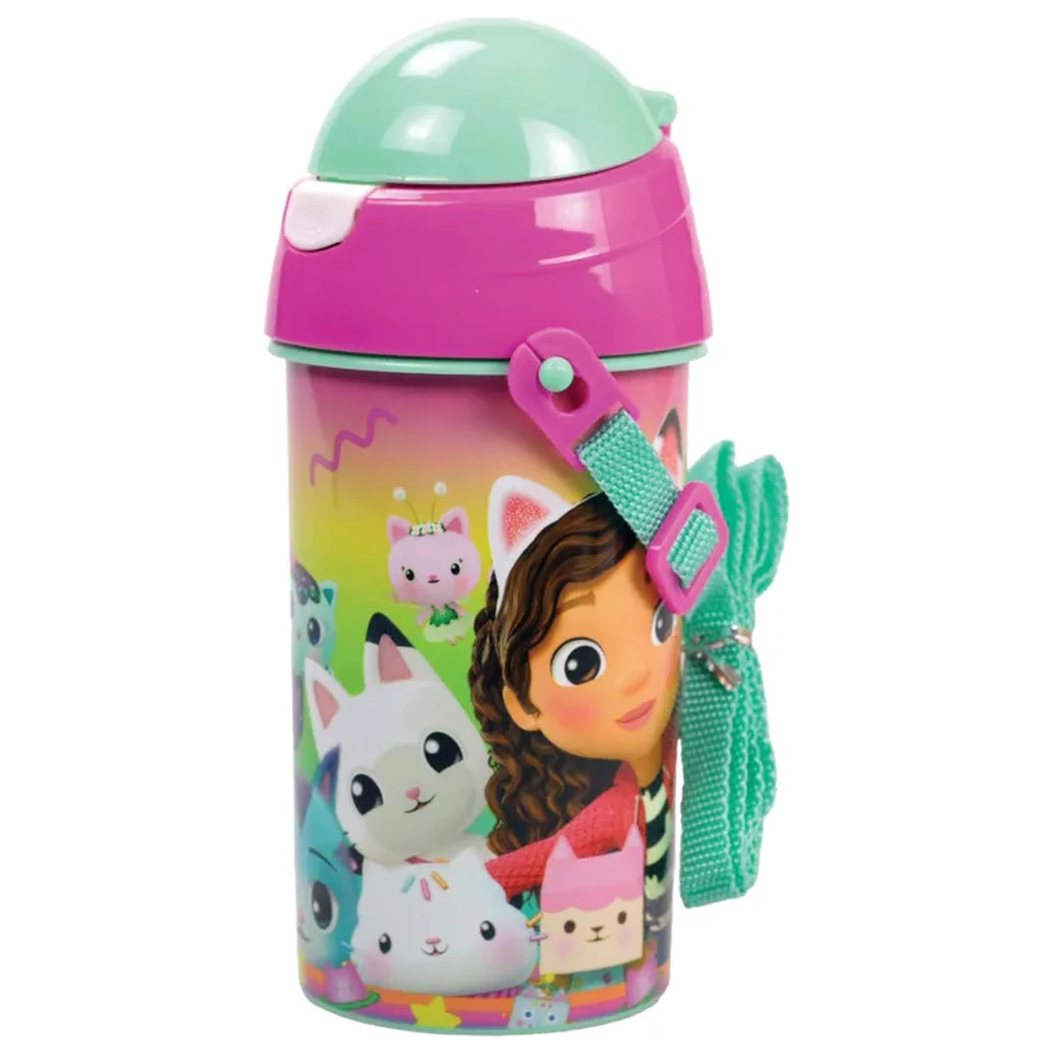 Gabby's Dollhouse Color Fade Plastic Straw Water Bottle with Hanger 500 ml product photo