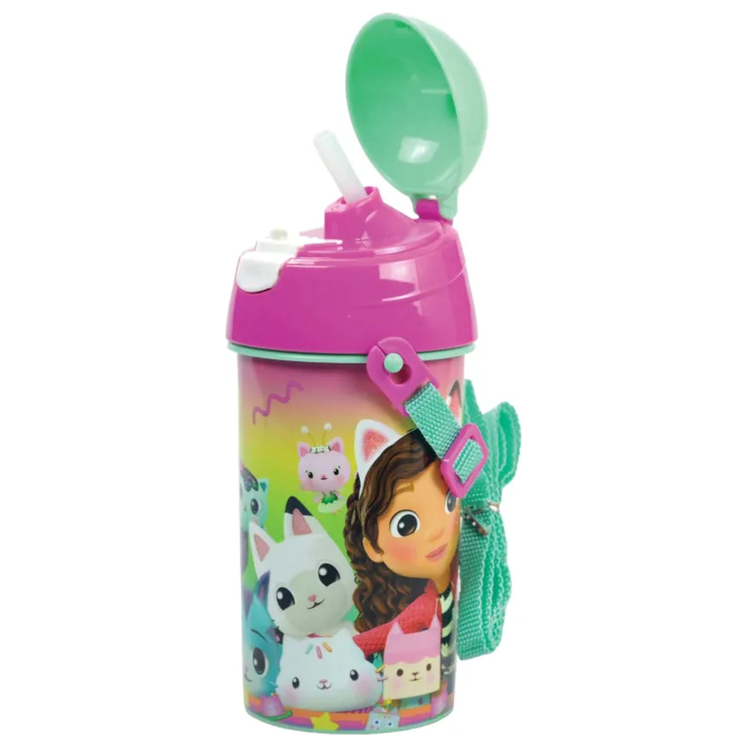 Gabby's Dollhouse Color Fade Plastic Straw Water Bottle with Hanger 500 ml product photo