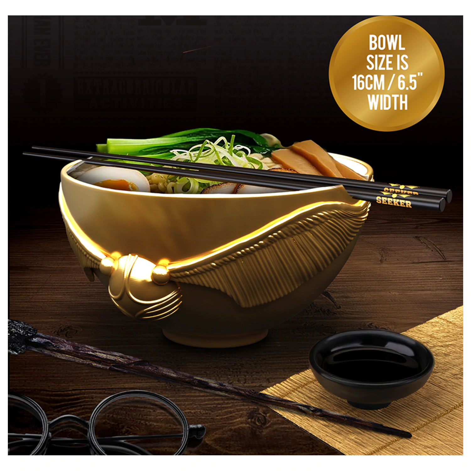 Harry Potter Golden Snitch Ramen bowl with chopsticks product photo