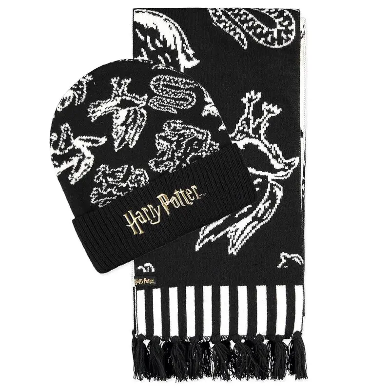Harry Potter Beanie &amp; Scarf Set Hogwarts Houses B/W product photo