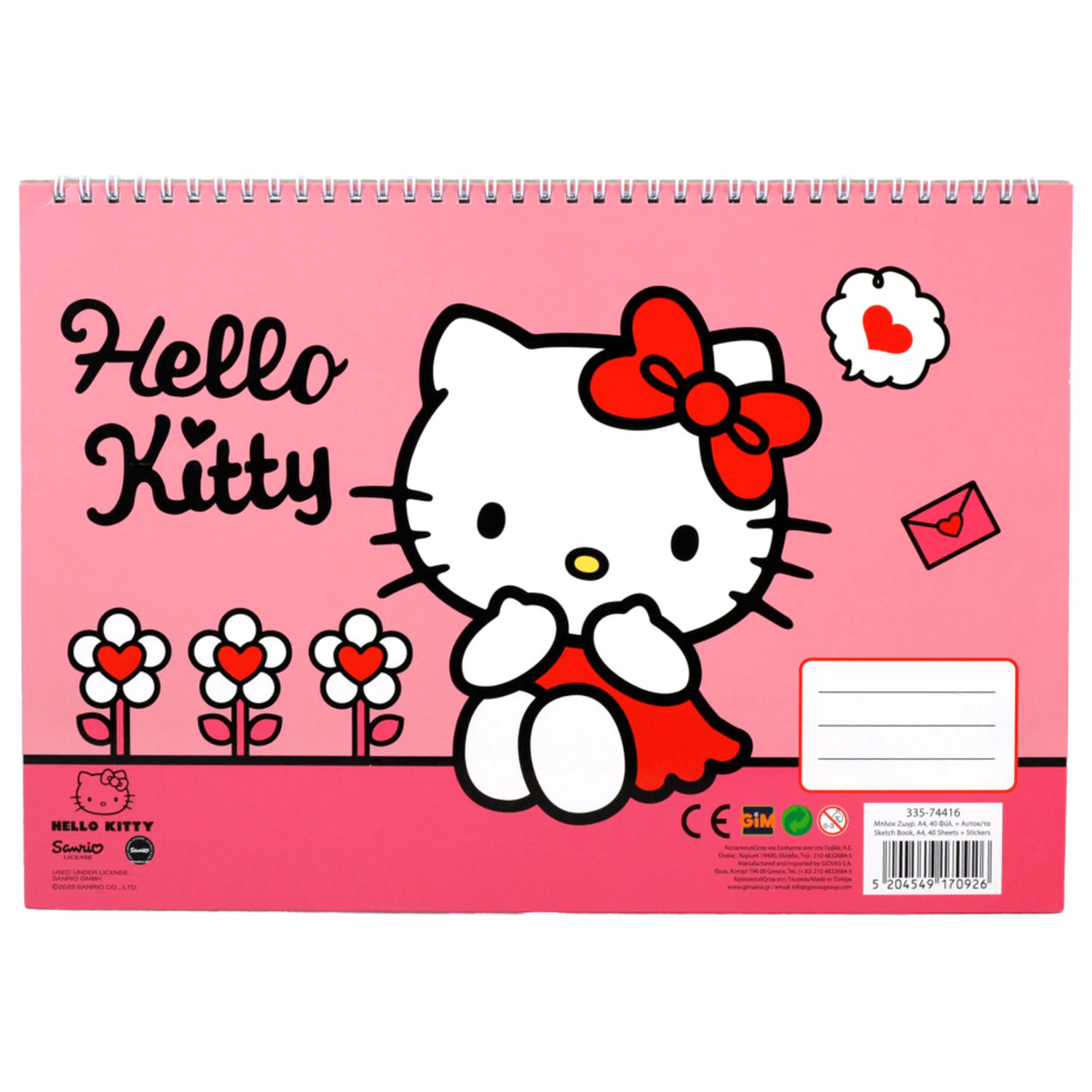 Hello Kitty Sweetheart A4 Spiral Sketchbook 40 Sheets with Stickers product photo