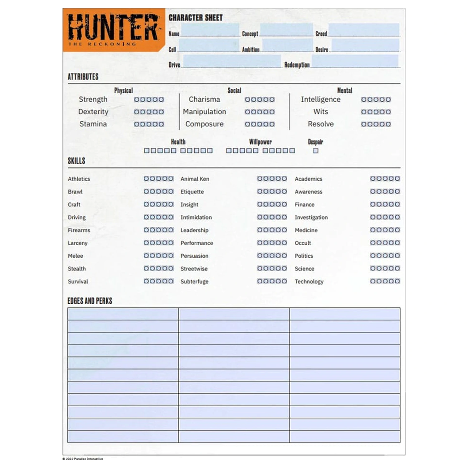 Hunter: The Reckoning 5th Edition RPG Journal Expanded Character Sheet Journal *Englische Version* product photo