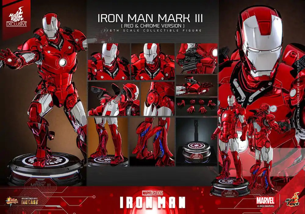 Iron Man Movie Masterpiece Diecast Action Figure 1/6 Iron Man Mark III (Red &amp; Chrome Version) Hot Toys Exclusive 32 cm product photo