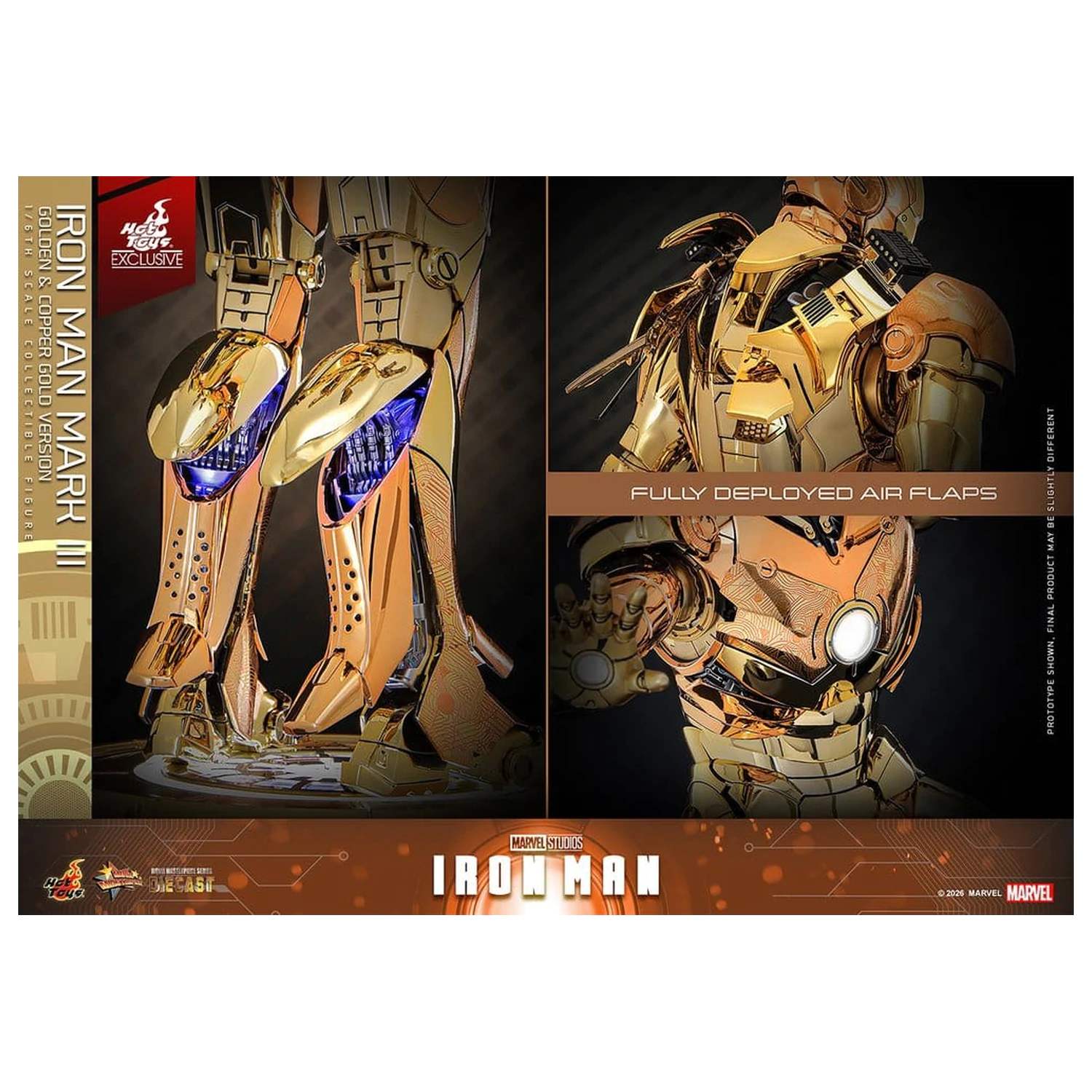 Iron Man Movie Masterpiece Diecast Action Figure 1/6 Iron Man Mark III (Golden & Copper Gold Version) Hot Toys Exclusive 33 cm product photo