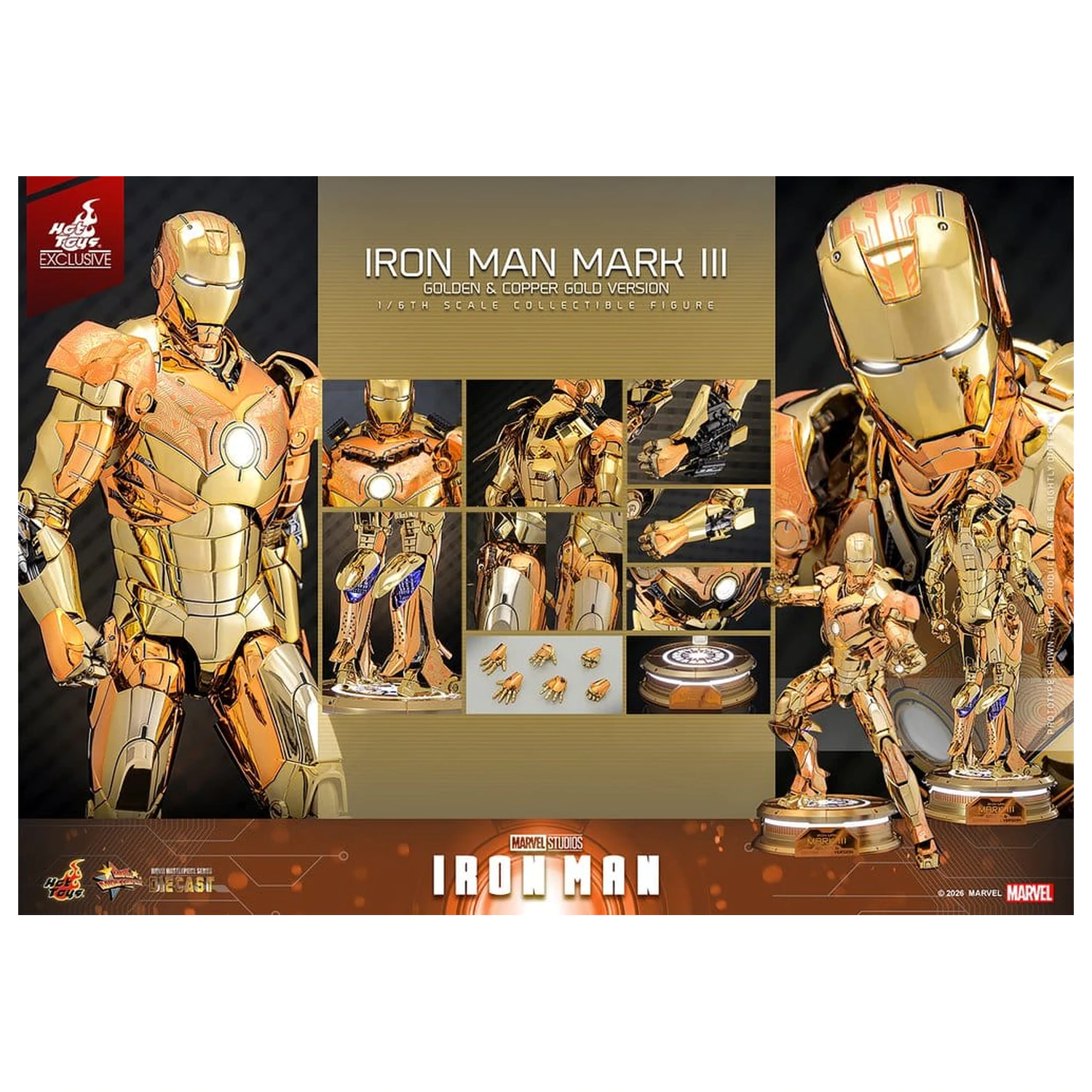 Iron Man Movie Masterpiece Diecast Action Figure 1/6 Iron Man Mark III (Golden & Copper Gold Version) Hot Toys Exclusive 33 cm product photo