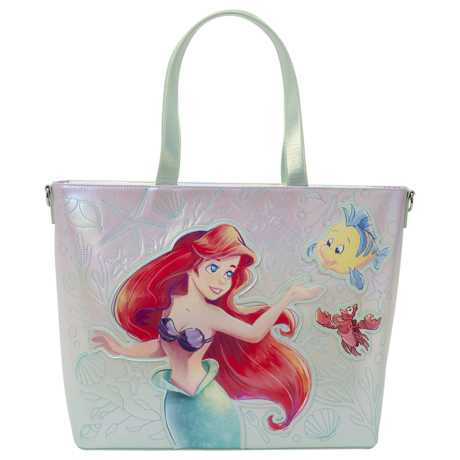 Loungefly Disney The Little Mermaid Ariel, Flounder and Sebastian tote bag with coin bag product photo