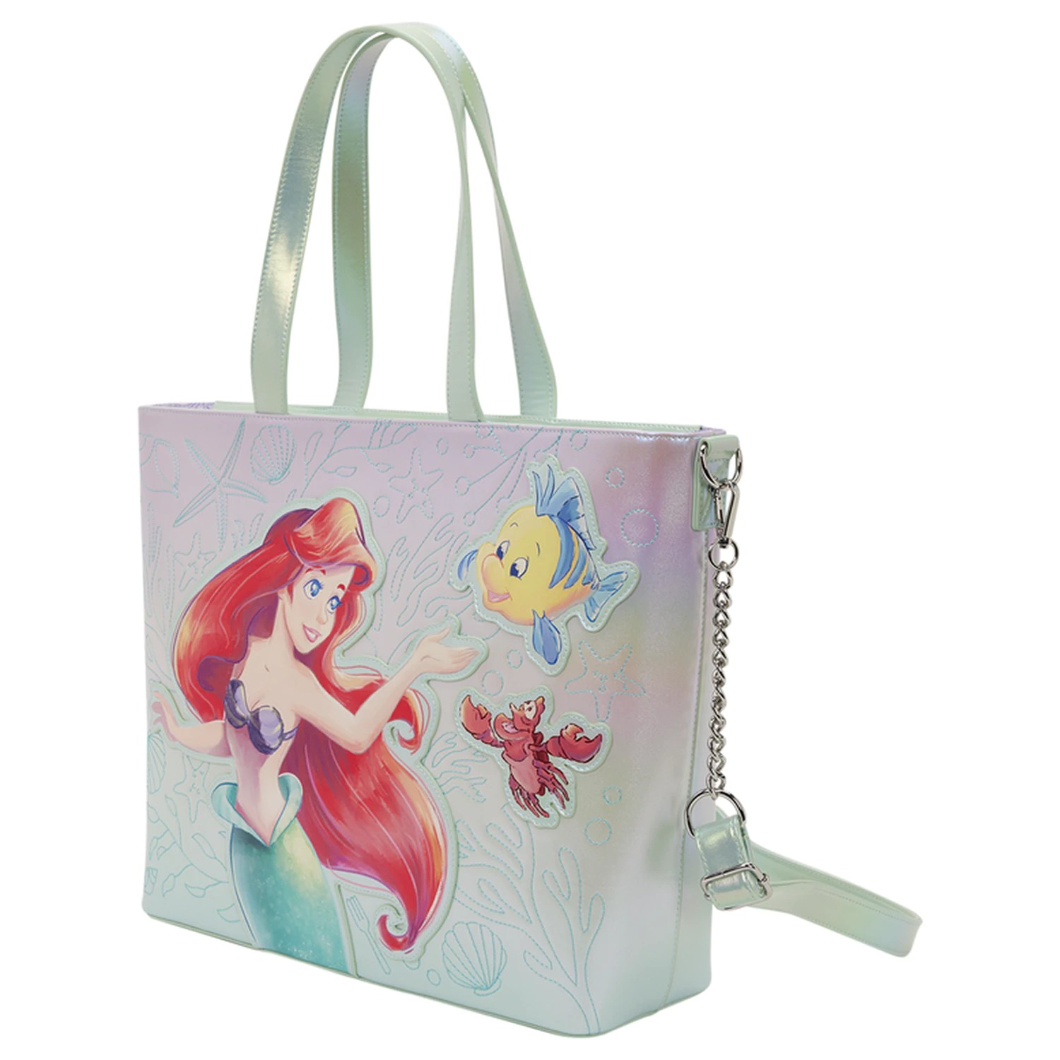 Loungefly Disney The Little Mermaid Ariel, Flounder and Sebastian tote bag with coin bag product photo