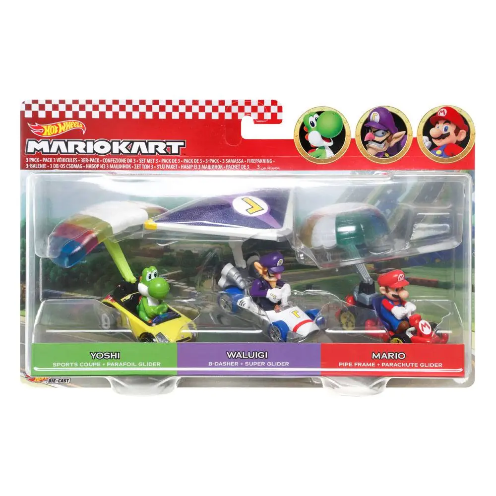 Mario Kart Hot Wheels Diecast Vehicle 3-Pack 1/64 Yoshi, Waluigi, Mario product photo