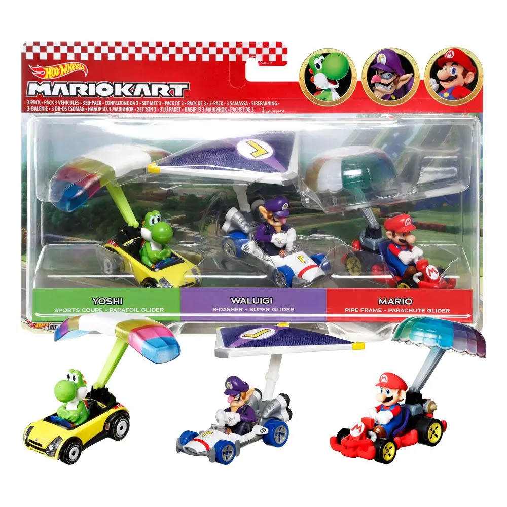 Mario Kart Hot Wheels Diecast Vehicle 3-Pack 1/64 Yoshi, Waluigi, Mario product photo
