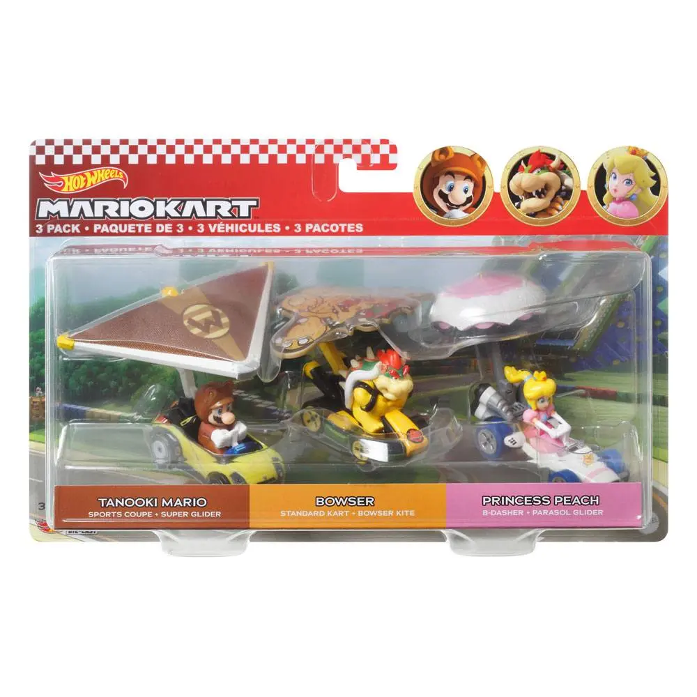Mario Kart Hot Wheels Diecast Vehicle 3-Pack 1/64 Tanooki Mario, Bowser, Princess Peach product photo