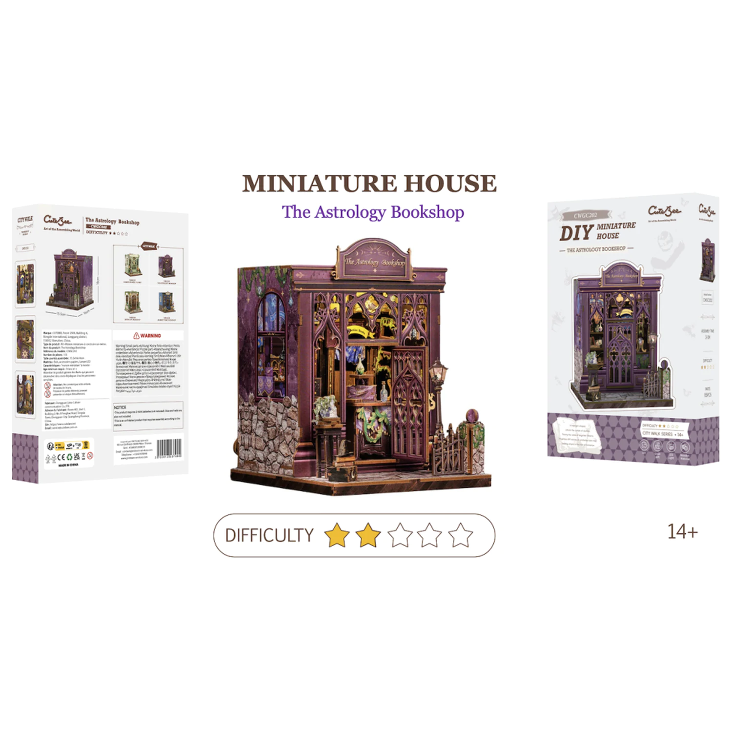 Miniature House DIY Astrology Bookshop 155pc + LED Light construction set product photo
