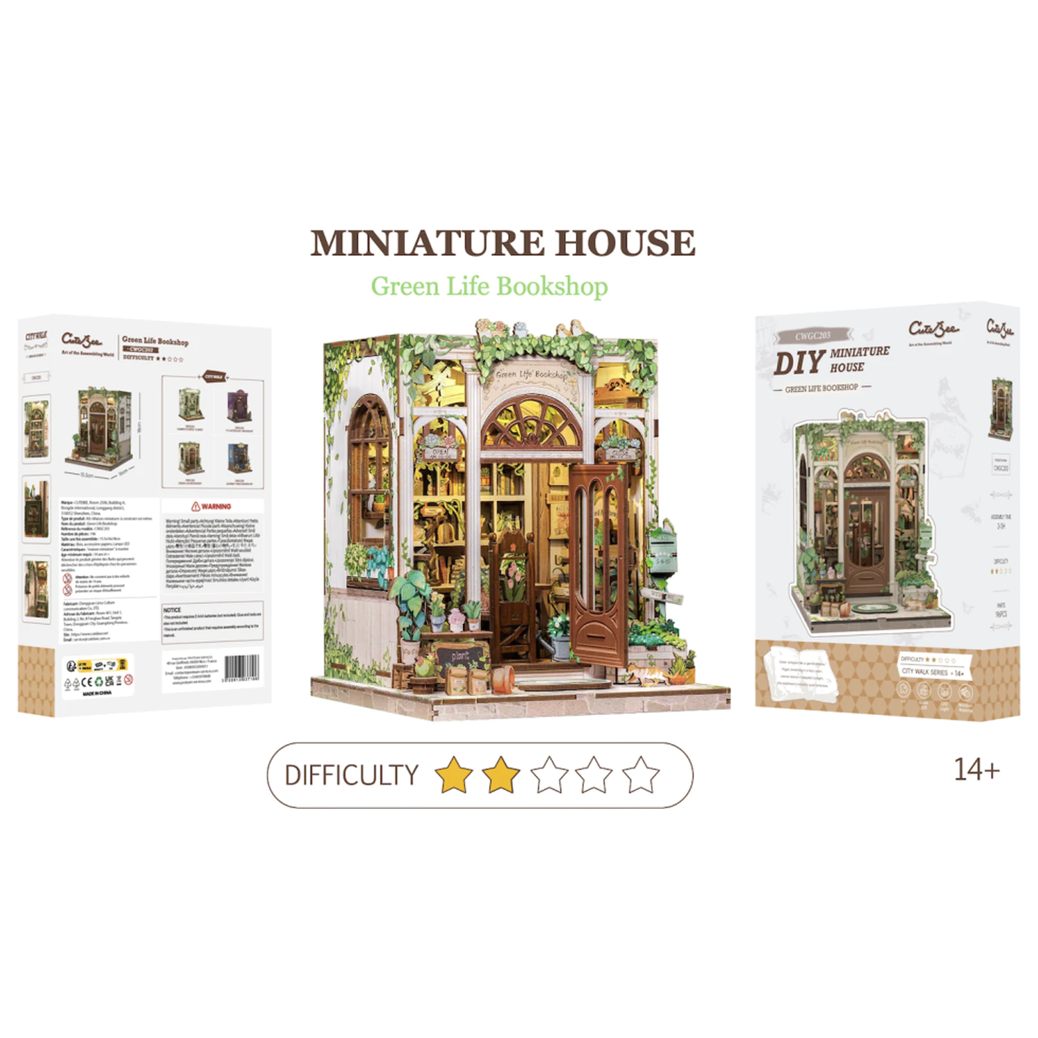 MINIATURE HOUSE DIY Green Life Bookshop 196pc + LED Light construction set product photo