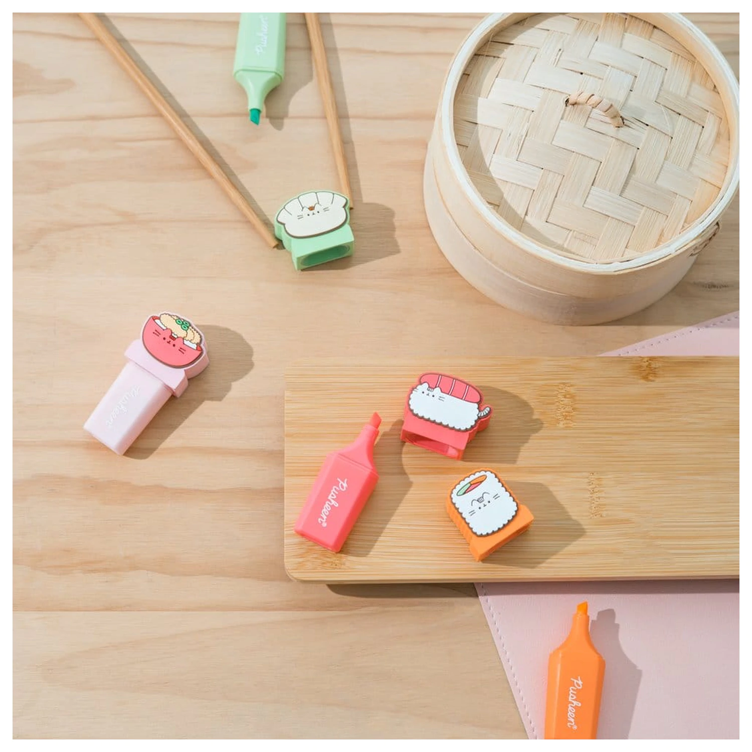 Pusheen Sushi Roll set of 4 highlighters with topper product photo