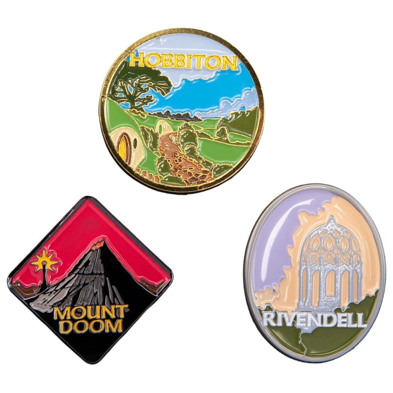 The Lord of the Rings Trilogy Pin Set Hobbiton, Rivendell & Mount Doom product photo