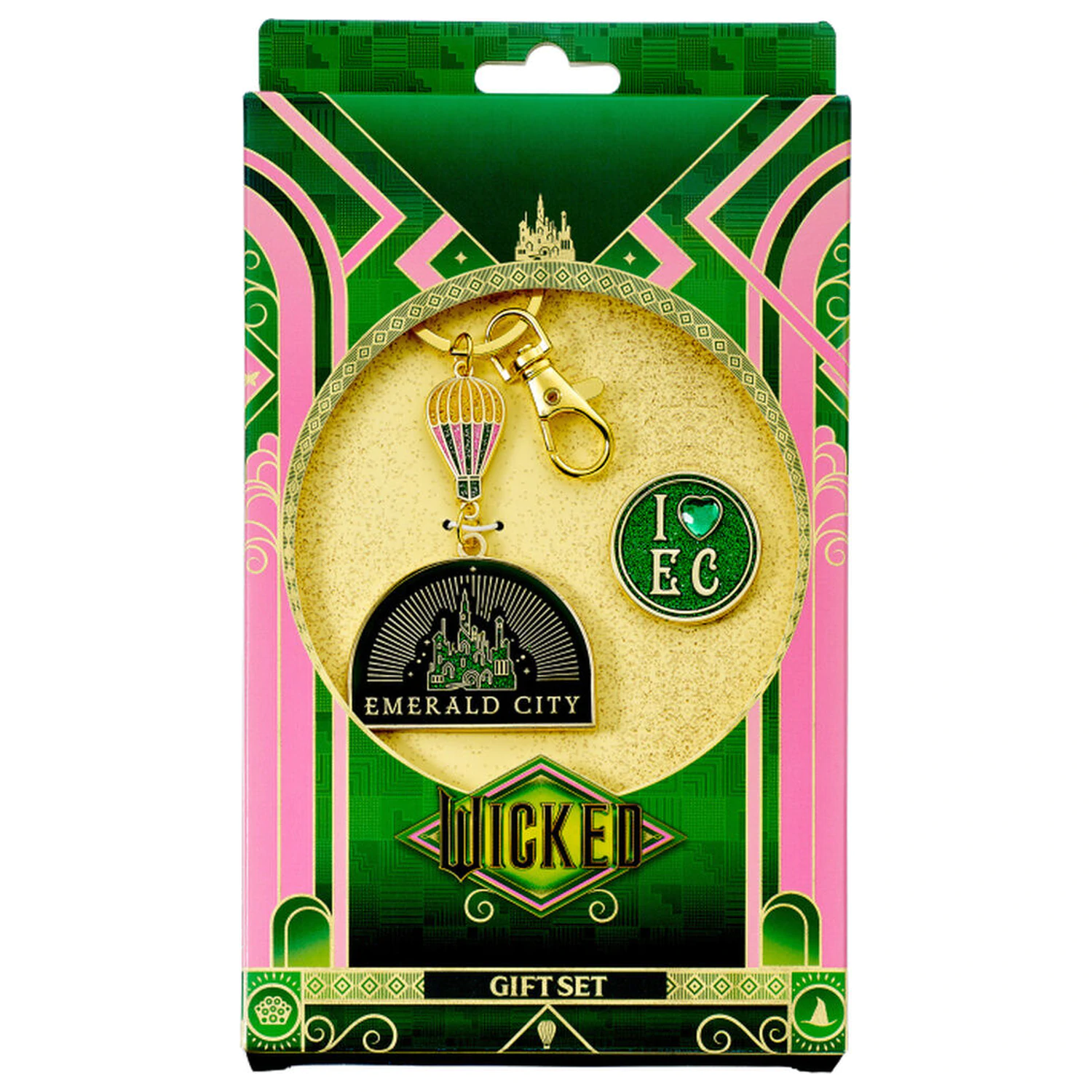 Wicked Emerald City Hot Air Balloon keyring & pin badge gift set product photo