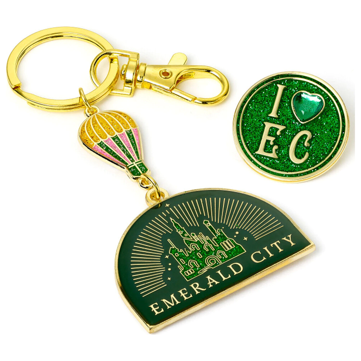 Wicked Emerald City Hot Air Balloon keyring & pin badge gift set product photo