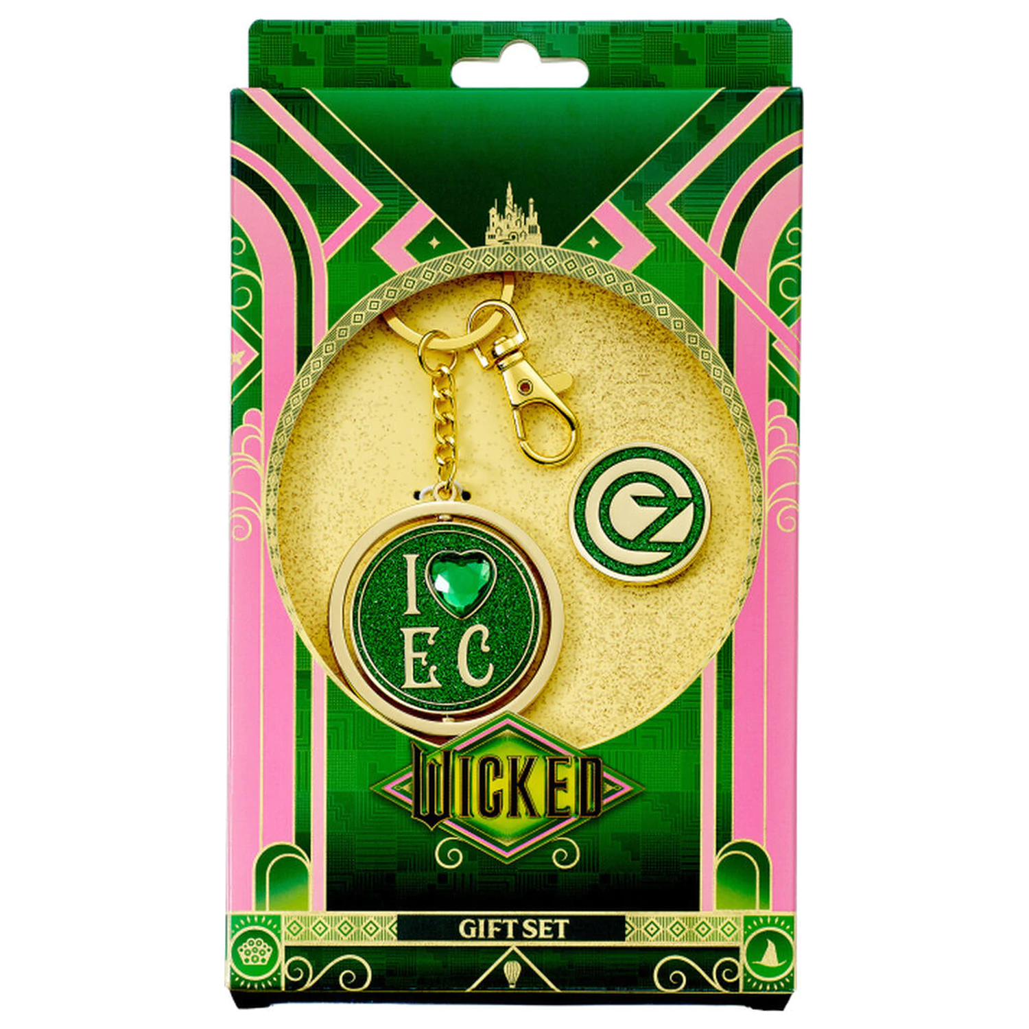 Wicked I love Emerald City Oz Logo keyring & pin badge gift set product photo