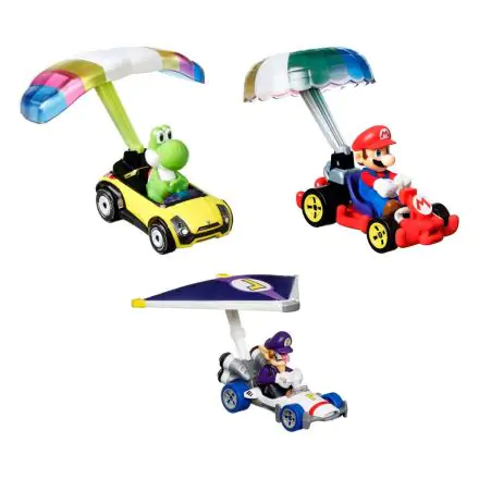 Mario Kart Hot Wheels Diecast Vehicle 3-Pack 1/64 Yoshi, Waluigi, Mario product photo